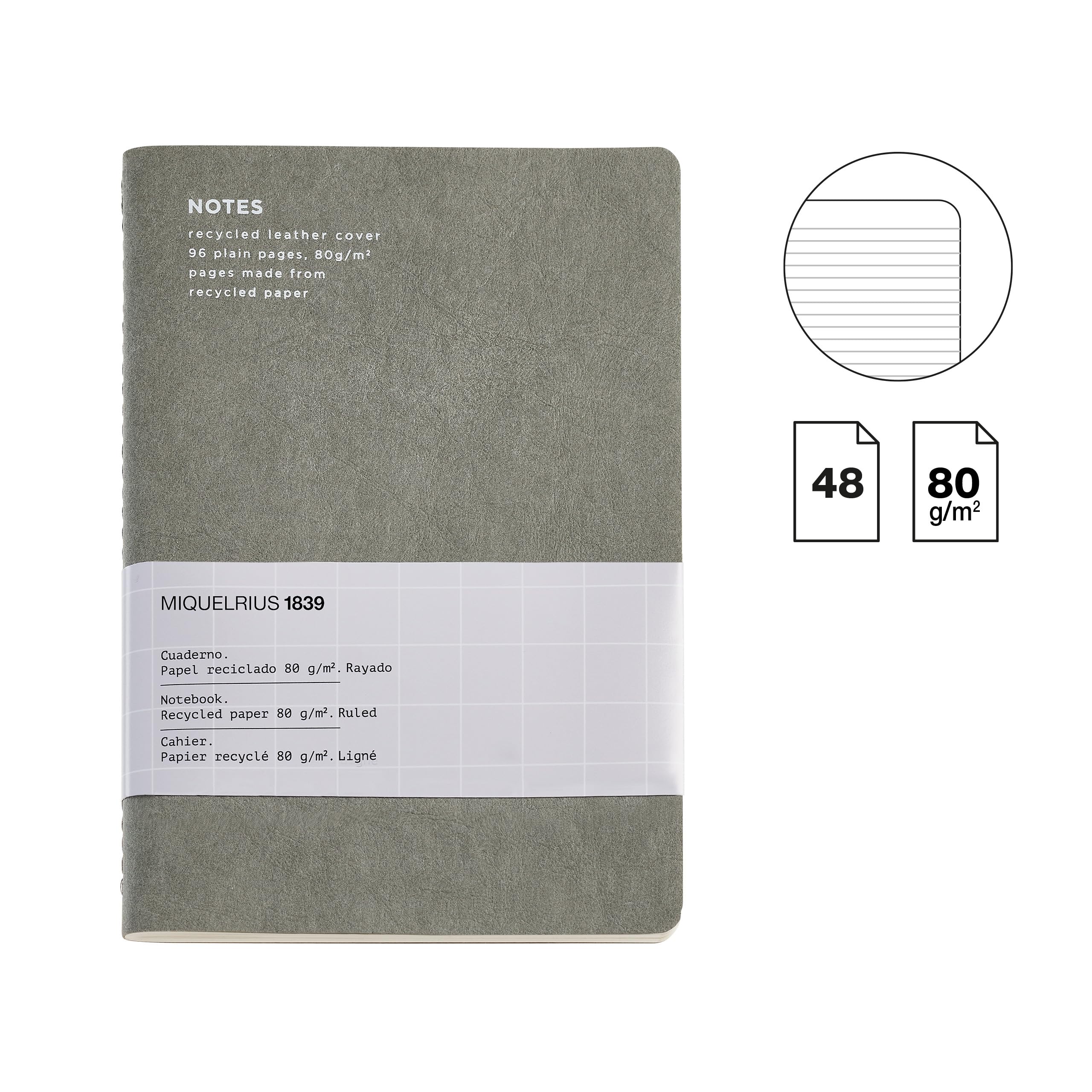 Miquelrius - Flexible notebook A5 (140 x 200 mm), Lined horizontally, 48 white sheets of 80 g/m², Recycled leather cover, Black - Image 2