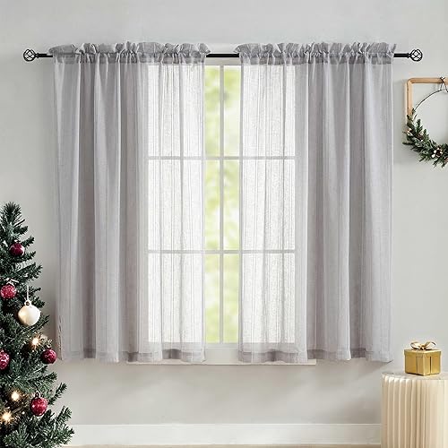 Vista 17 de Home Brilliant Natrual - Cortinas traslúcidas de lino beige cálido para ventana, para dormitorio, casa de campo semitransparente para niños