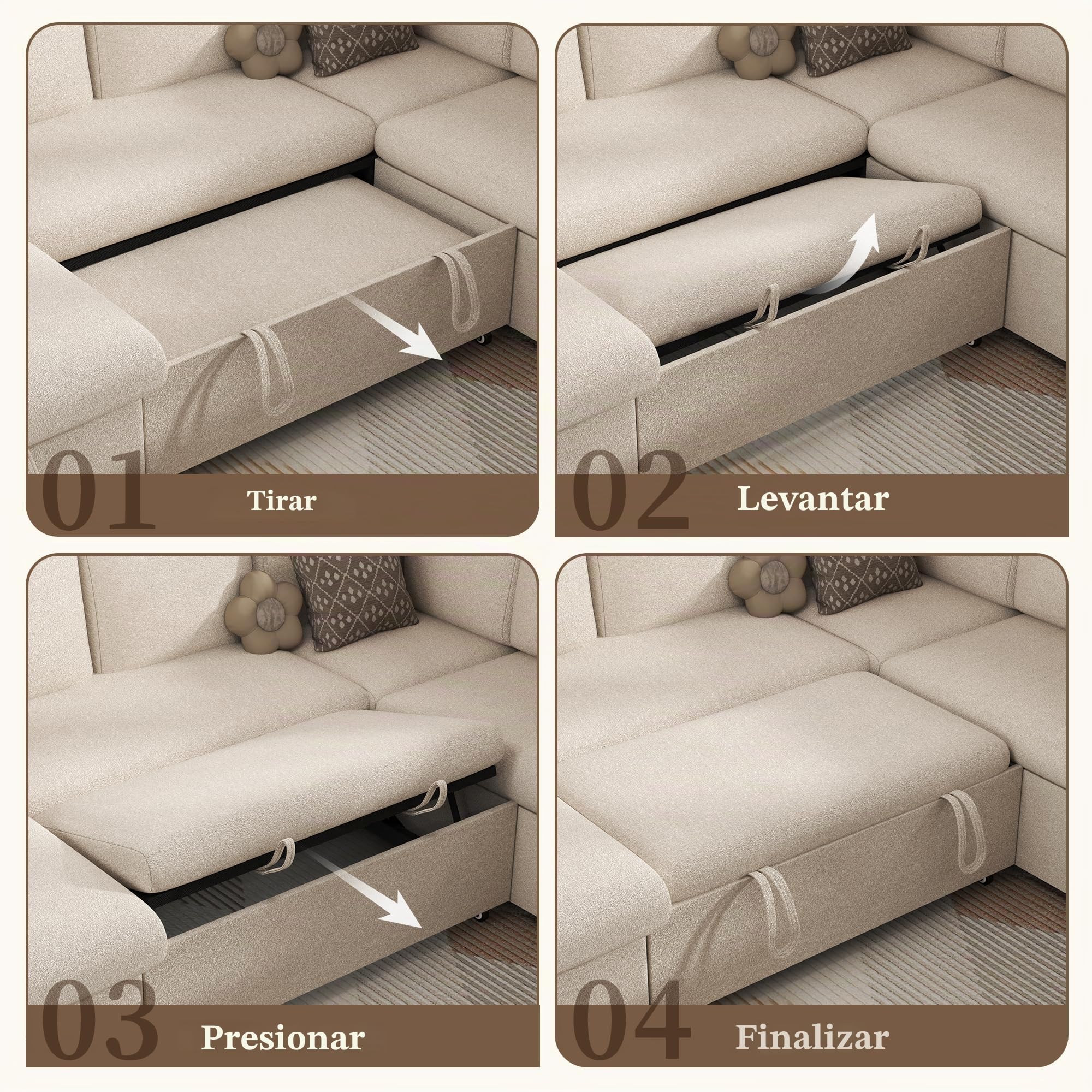 Sofá esquinero modular de 5 plazas en forma de L con función de cama, chaise longue con almacenamiento y puerto de carga USB, cama extraíble, respaldo ajustable, tela de cachemira, beige y