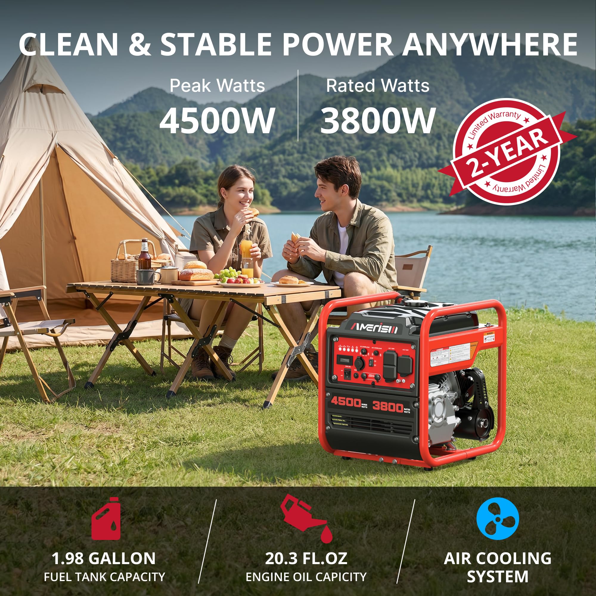 AMERISUN Tragbarer Wechselrichter-Generator, 2500 W, gasbetrieben, lange Laufzeit, Gasgenerator für Camping, Heckklappe, Notfallgebrauch, EPA-konform, Version 2024