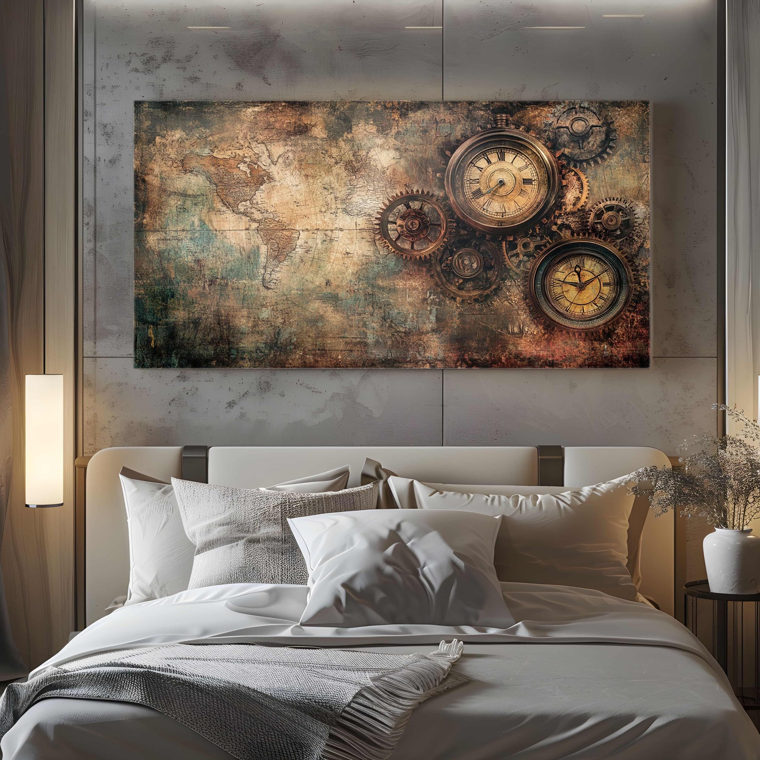 ZORYAN Bilder für die Wand Steampunk Mechanische Leinwandbilder Groß für | Schlafzimmer Nostalgische Karte Wandbild für Wohnzimmer, XXL Kunstdruck auf Leinwand Retro Uhr 80x160cm Wanddeko Kunst