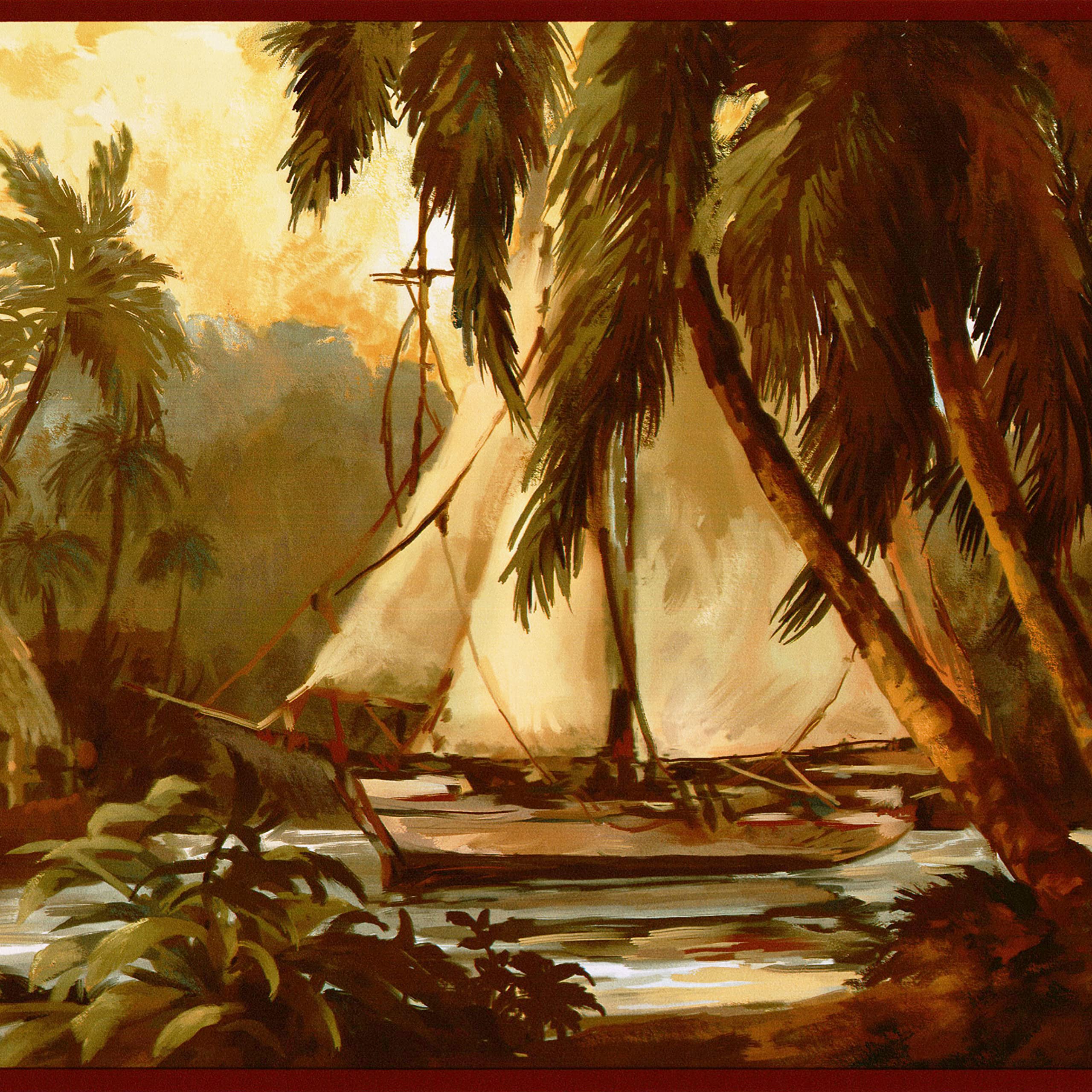 CONCORD WALLCOVERINGSWallpaper Border Nature Pattern Ship Palmtrees Seacoast for Bathroom Powder Room Living Room Cottage, Cream Yellow Green Brown, 15 Feet by 9 Inches TG2109B