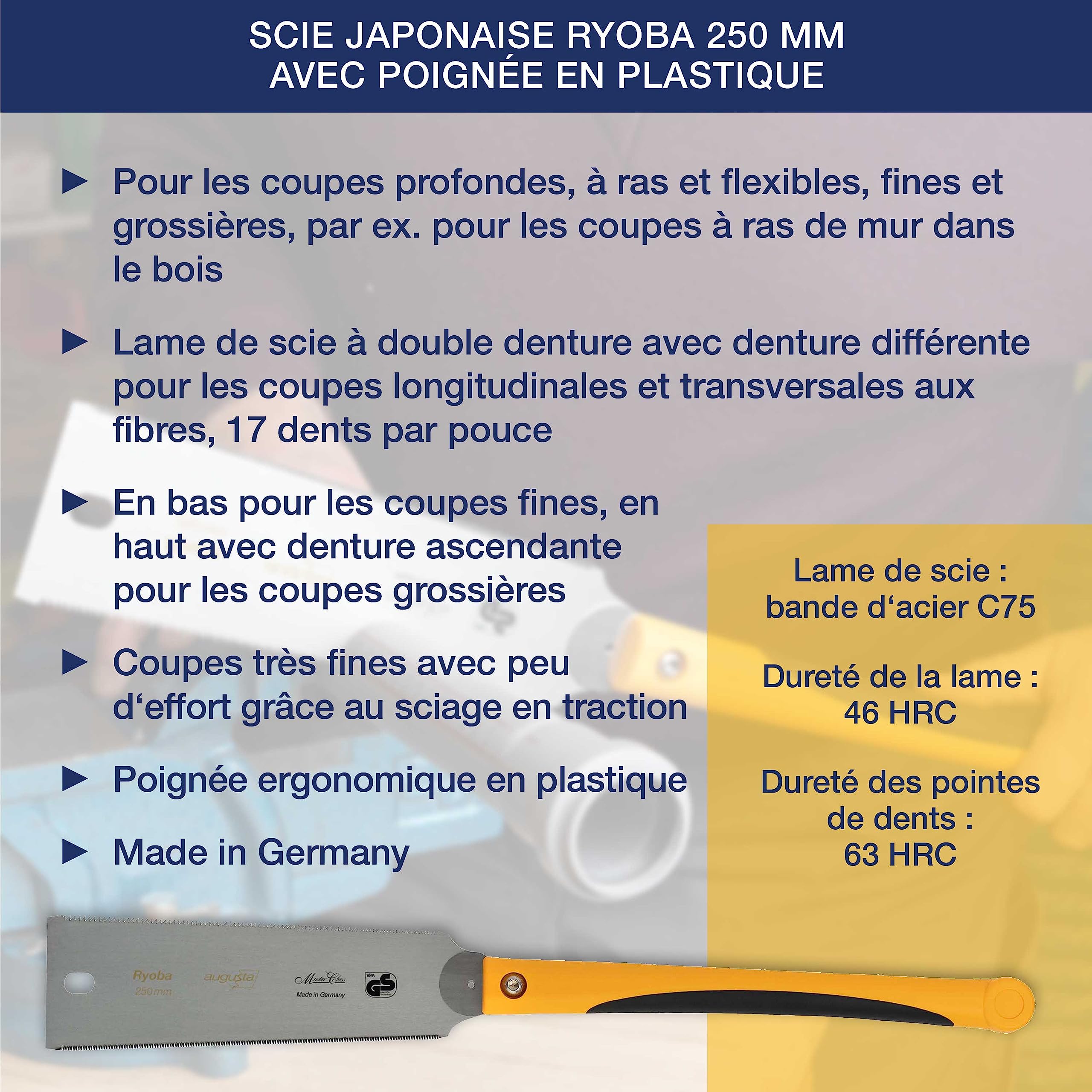 Augusta-Heckenrose scie japonaise Ryoba 250 mm I Scie traditionnelle acier C75 découpes fines et grossières I Scie à bois dentée flexible et poignée en plastique à 2 composants