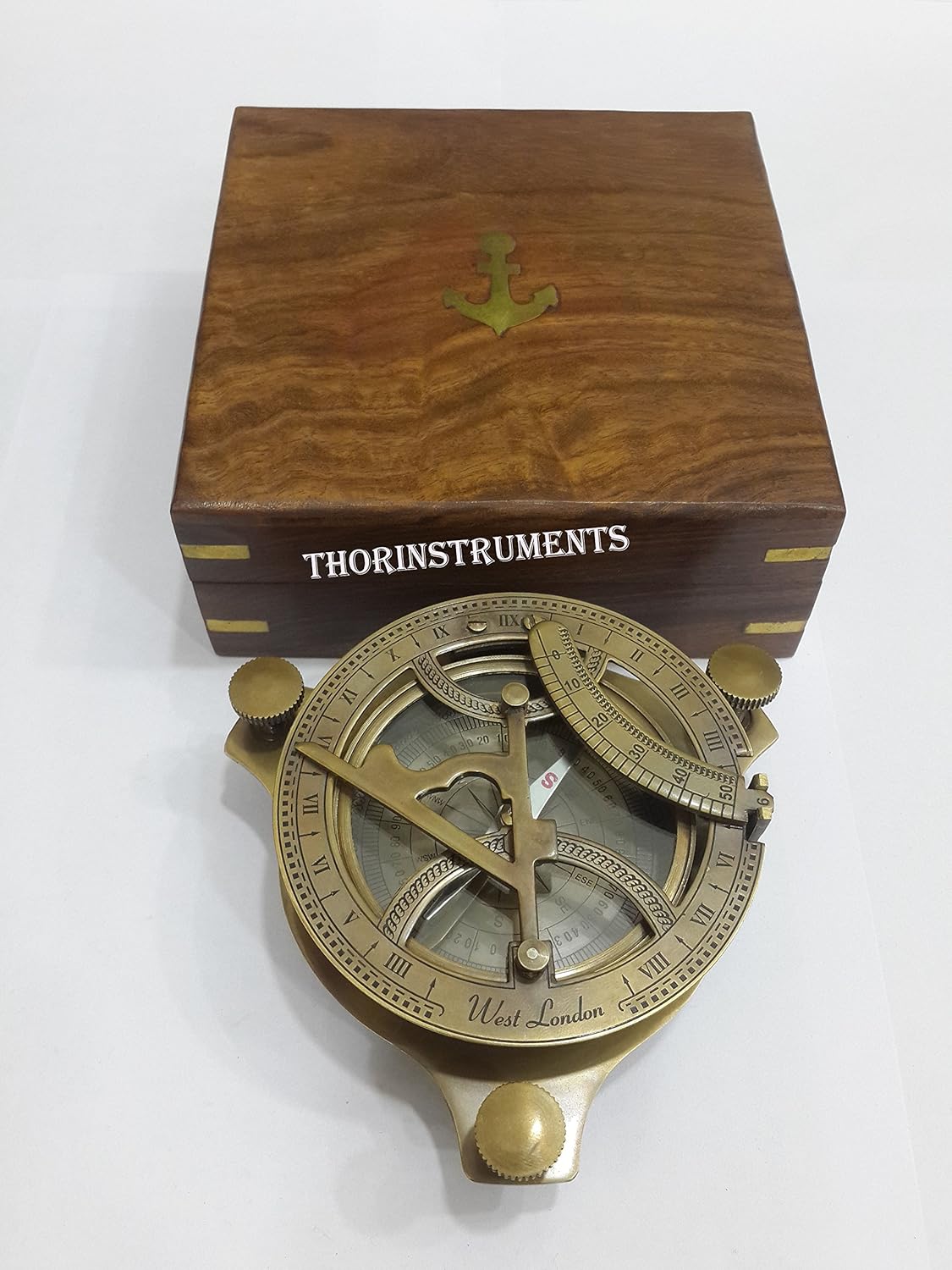 THORINSTRUMENTS 4" Brass Antique Sundial Compass with Wooden Box Rustic Vintage Home Decor Gifts
