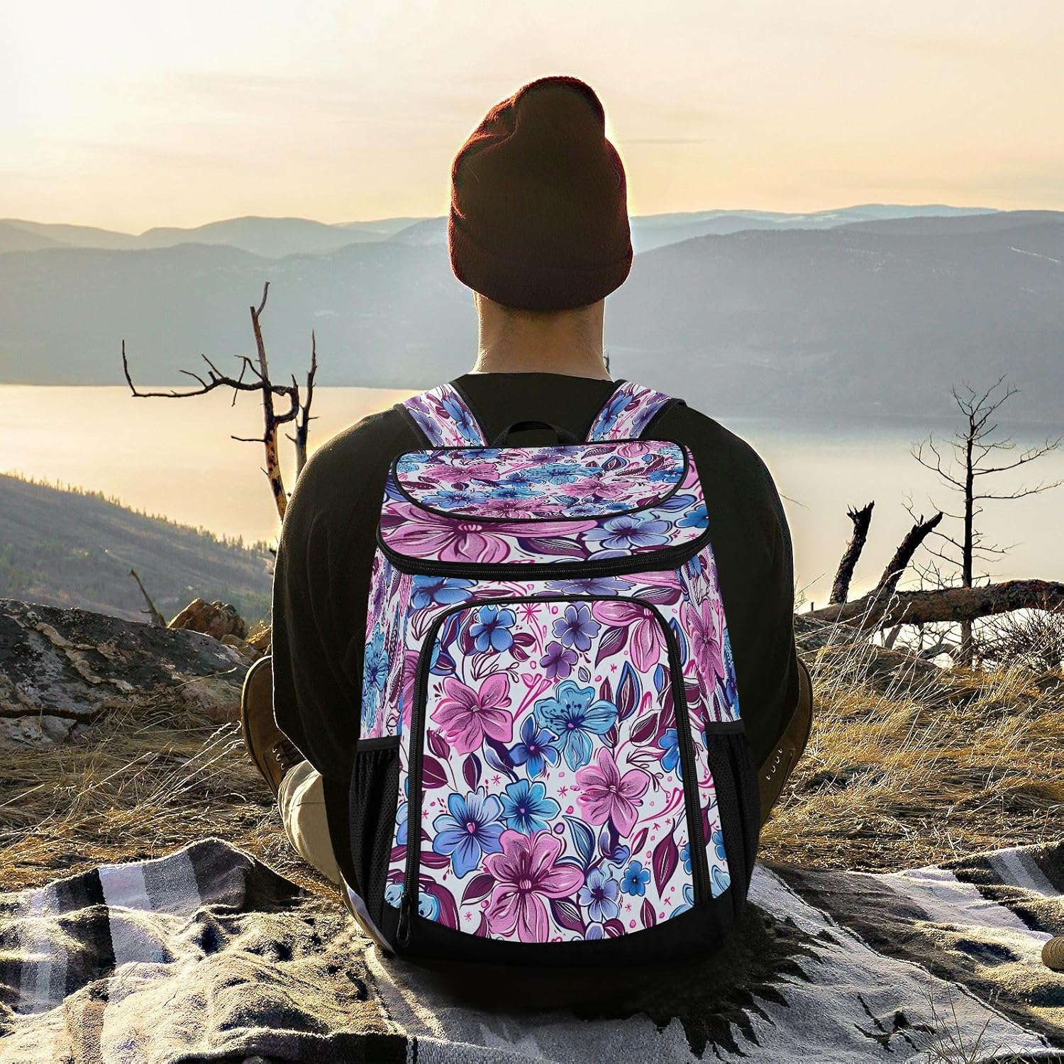 Colored Cartoon Flower Cooler Backpack 36 Cans Leakproof Waterproof Backpack Cooler Bag Beach Accessories Travel Camping Fishing Backpack for Women Men