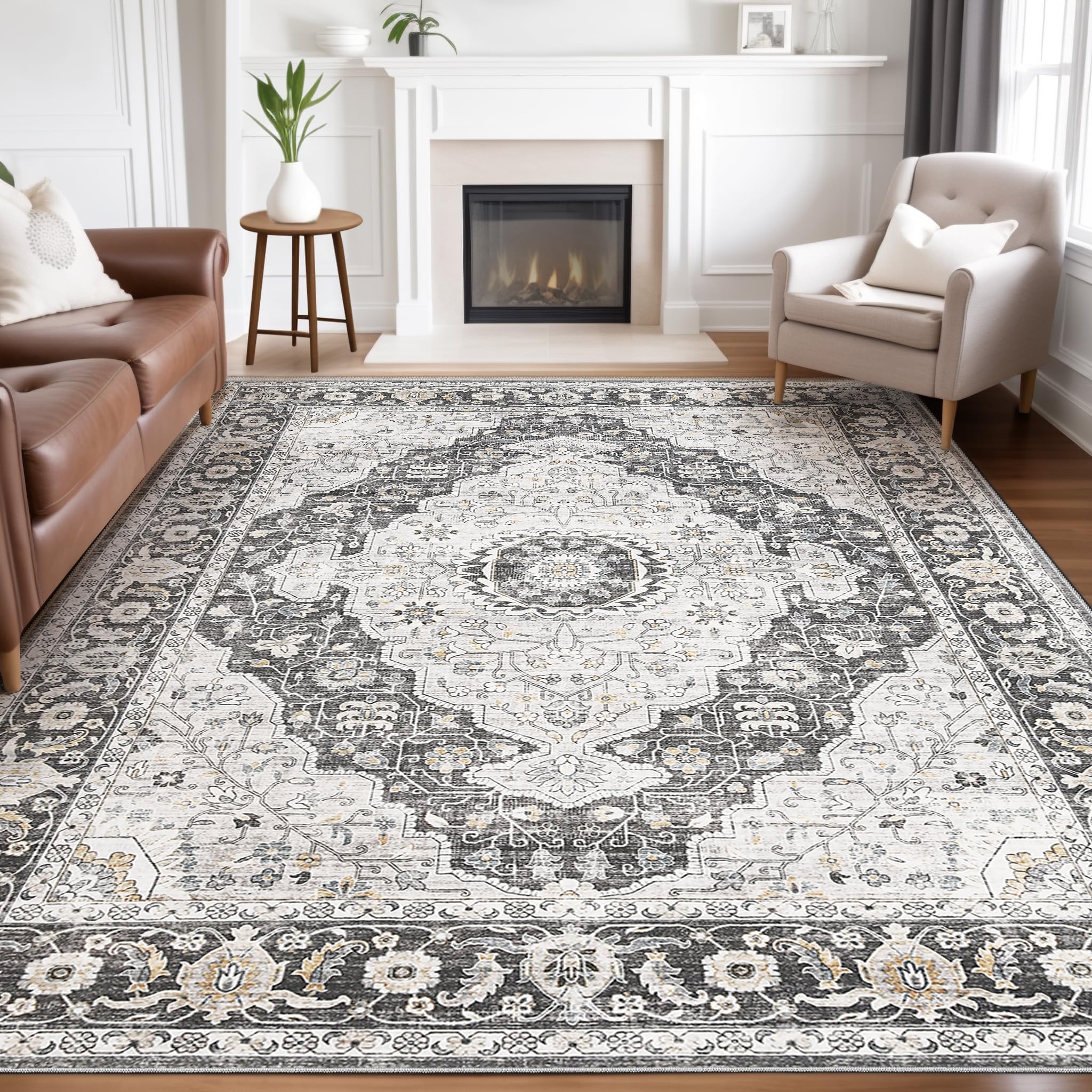 Vintage Washable Area Rugs for Living Room 8x10: Large Soft Low Pile Rug for Bedroom Dining Room Rugs for Under Table - Indoor Foldable Accent Print Distressed Carpet - Black Grey