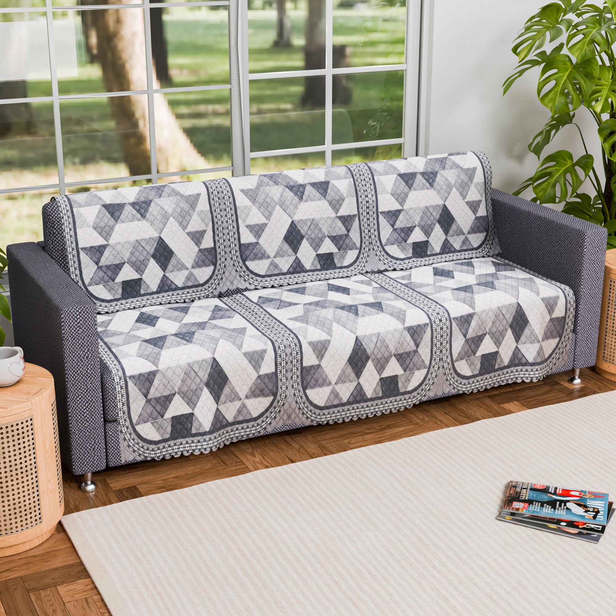 Kuber Industries Set of 6 Durable 3 Seater Sofa Covers for Living Room | Sofe ke cover for Protection & Comfort for Home Furniture | Triangular Ultra Sonic BMW-White Grey