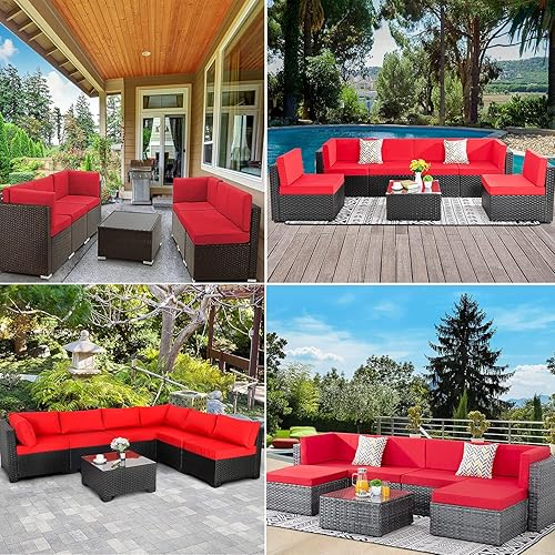 Miniatura 8 de Juego de 14 fundas de repuesto para cojines de patio al aire libre para 7 piezas de mimbre de ratán modular para sofá, silla, muebles y cojines de