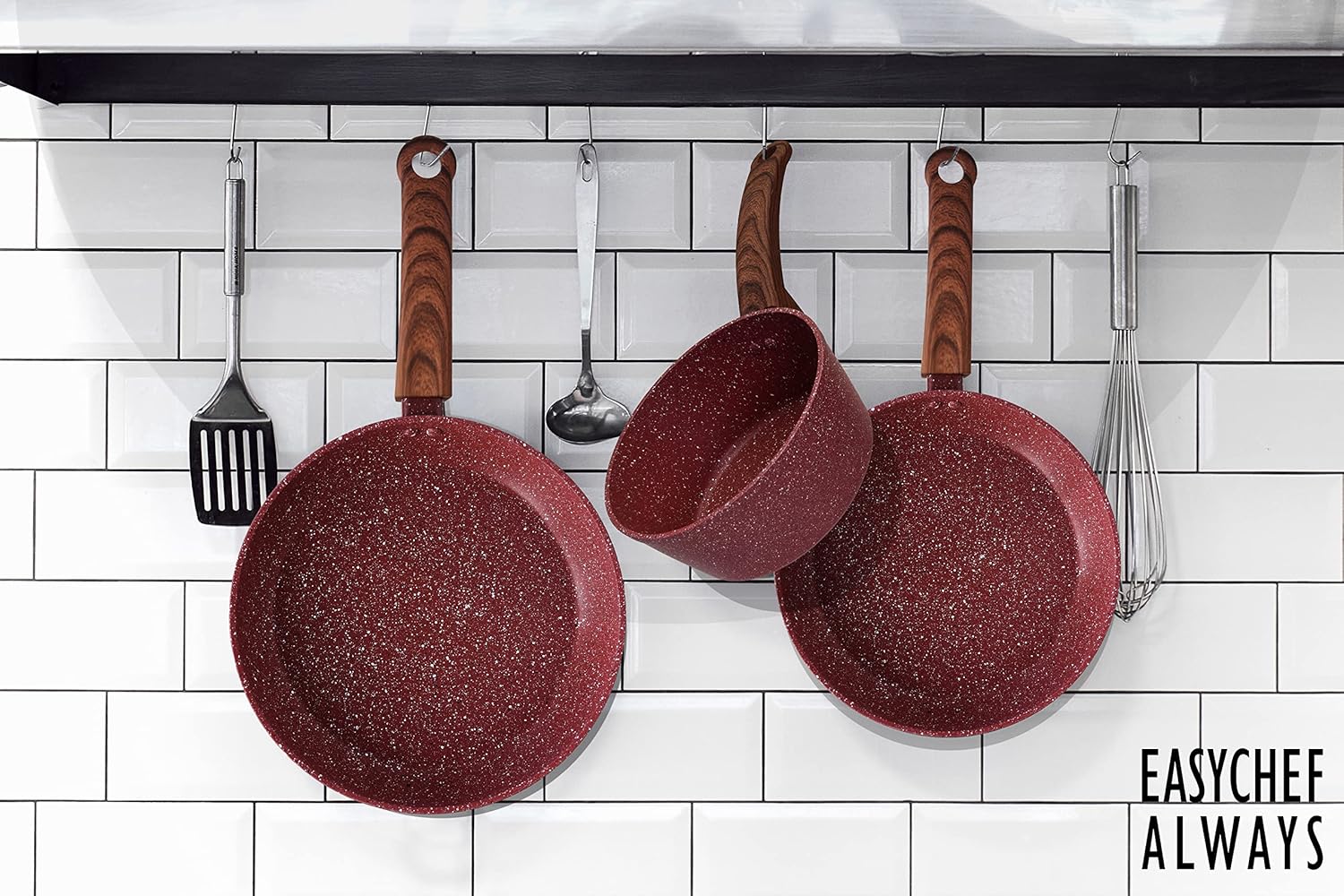 Easy Chef Non-Stick Skillets Hang Neatly in Kitchen