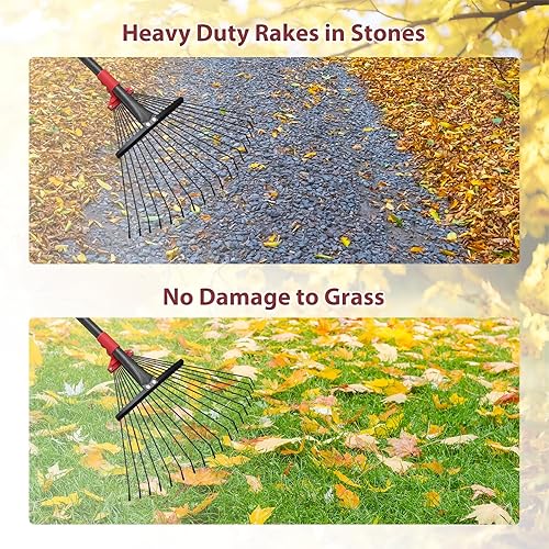 Miniatura 8 de Rastrillo de 76 pulgadas para hojas, 18 dientes de metal ajustables con cabeza expandible, rastrillo de metal resistente para hojas, patio,