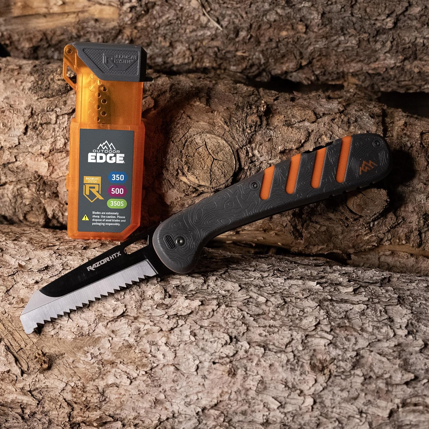 OUTDOOR EDGE Razor HTX 5" Folding Hunting Knife – Includes 3 Drop Point, 2 Boning, 1 Gut Blade & 1 Saw - Gray/Orange Handle – Replaceable Blade Knife for Field Dressing Deer & Elk