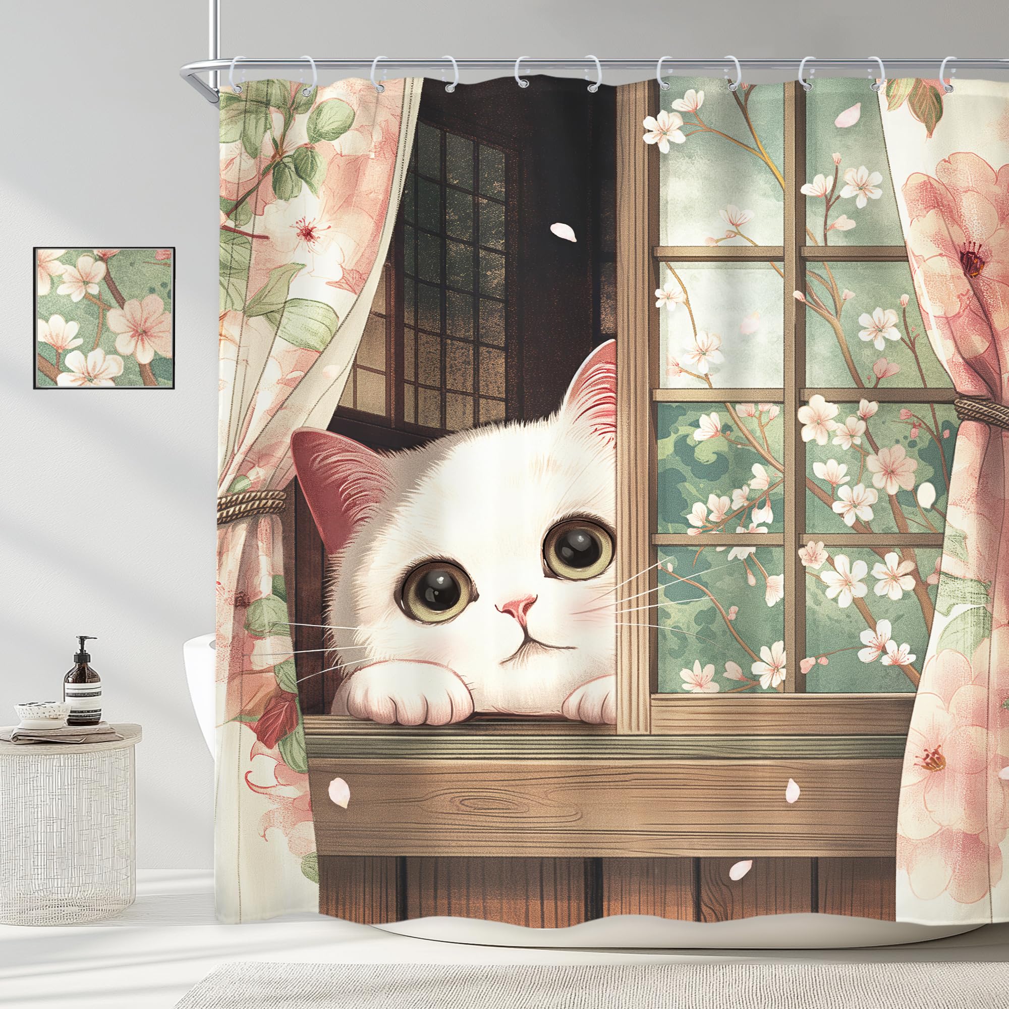 Newsely Japanese Cute Cat Shower Curtain 72Wx72H Inch Funny Anime Cherry Blossom Asian Style Animal Shower Curtain Bathroom Set Traditional Floral