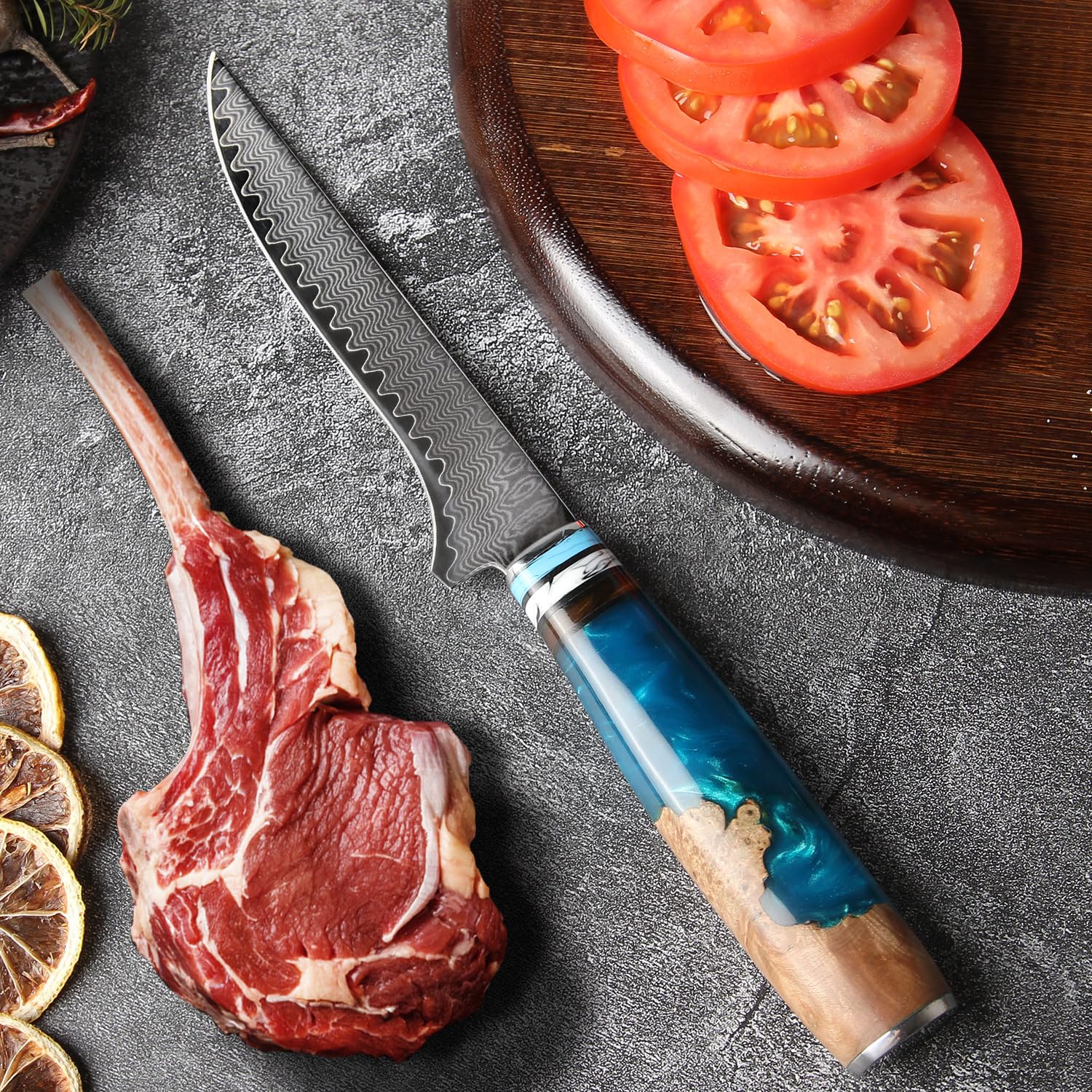 Cuchillo de Deshuesar Damasco, 15CM Cuchillo cocina de acero Damasco con caja de regalo, para deshuesar carne, aves, pollo, pescado