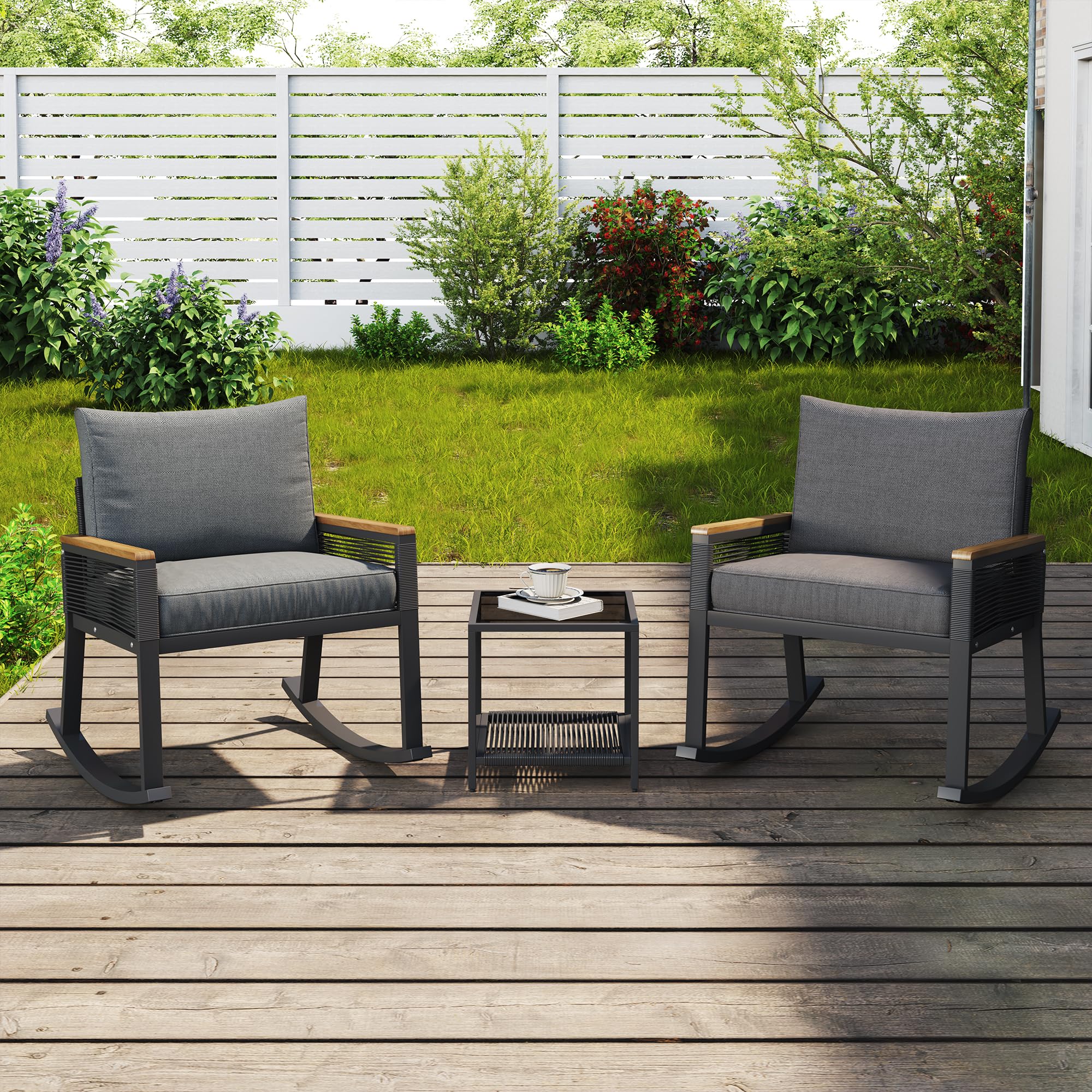 Ensemble bistro de jardin FARRINGTON avec 2 chaises à bascule en corde et table basse en verre