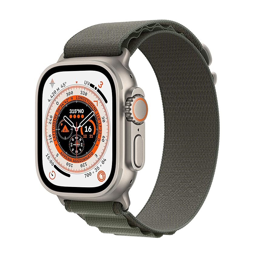 Immagine del prodotto Apple Watch Ultra (GPS + Cellular, Cassa 49mm) Smartwatch con robusta cassa in titanio e Alpine Loop verde - Medium. Fitness tracker, GPS di precisione, tasto Azione, batteria a lunghissima durata