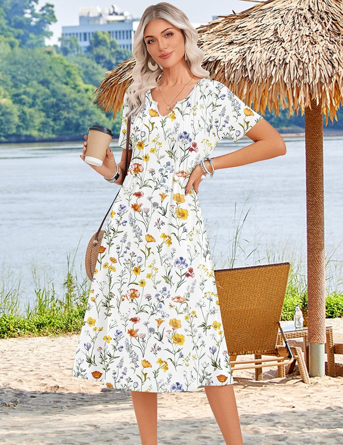 Zeagoo Summer Dresses for Women 2026 Casual Short Sleeve Aline Midi Dress with Pocket Flowy Pleated Tshirt Beach Sundress - Image 4