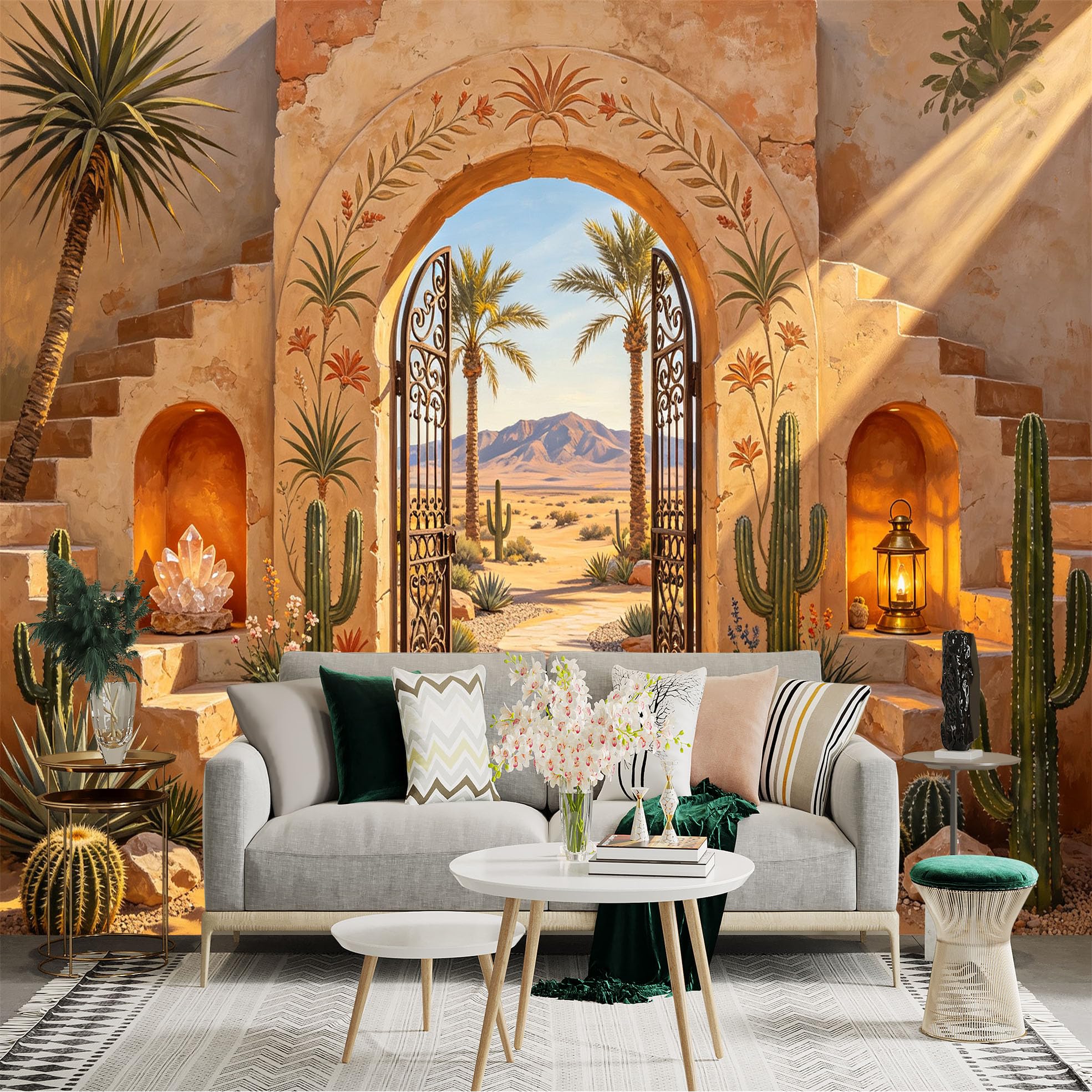 Custom Size Wall Sticker Mural， Desert Archway with Cactus， Palm Trees and Mountain View， for wall Decoration， peelandstick wall Decals.