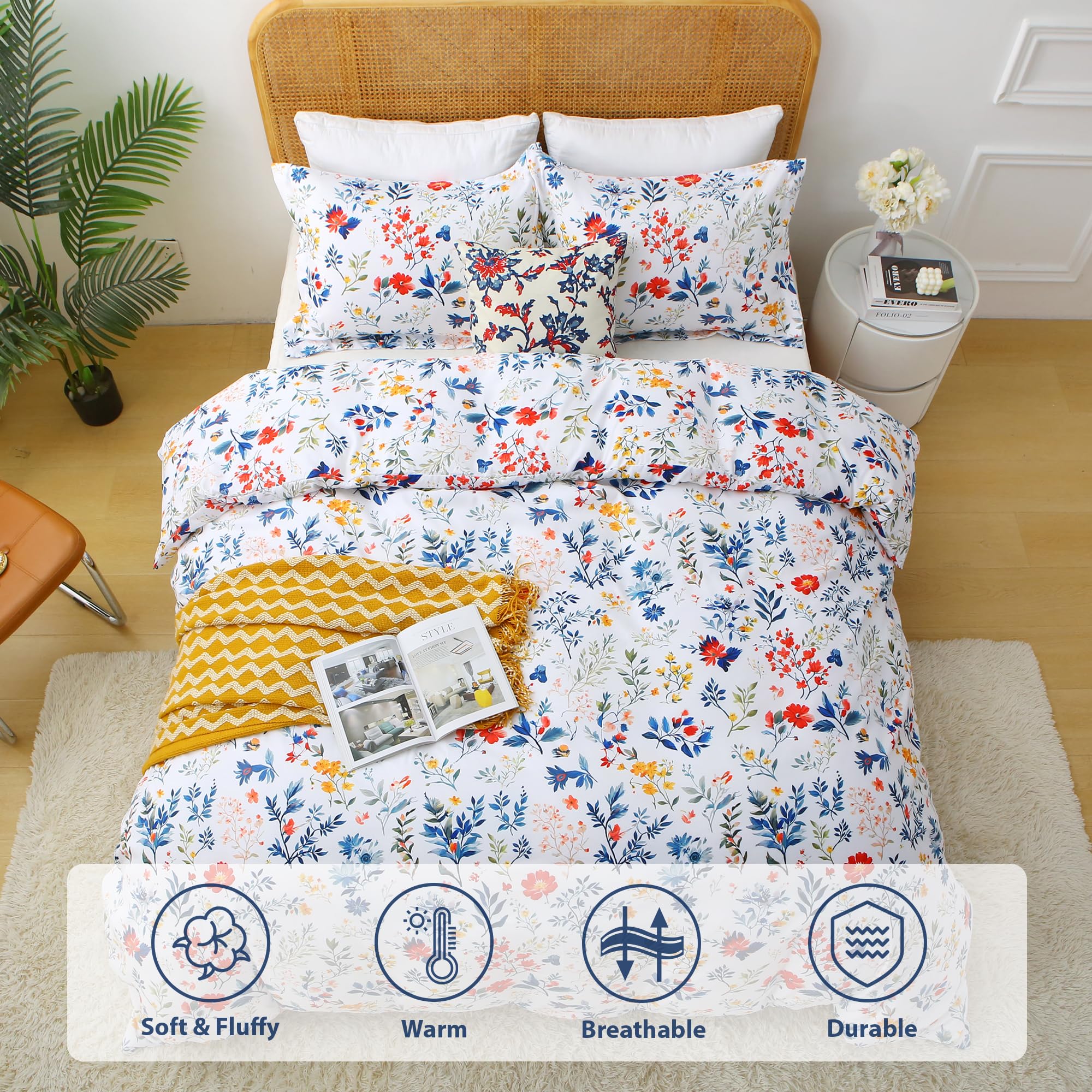 Mooreeke Floral Queen Size Comforter Sets, Lightweight Purple Lavender Botanical Printed Bedding for All Seasons, 3-Piece Vintage Bed in a Bag with Fluffy Quilted Reversible Comforter & 2 Pillow Shams