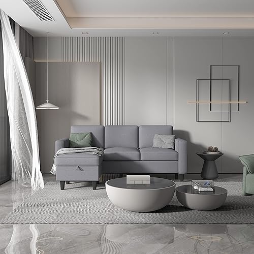 Miniatura 4 de Sofá seccional convertible gris claro, sofá en forma de L de 3 asientos con otomana de almacenamiento reversible y bolsillos, moderno sofá tapizado
