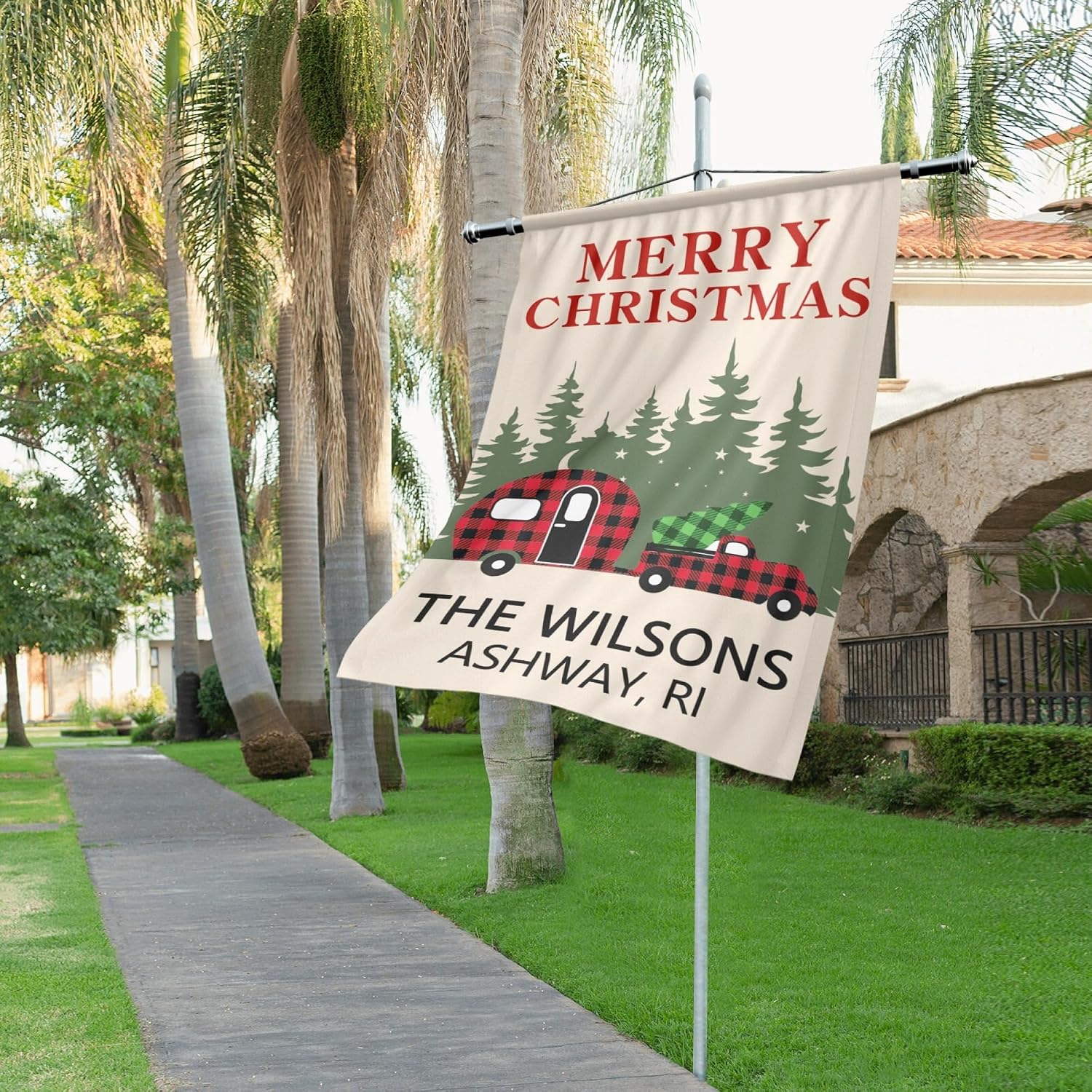 Custom Camper Garden Flag for Campsites, Personalized Merry Christmas Family Name Welcome to Our Campsite Flag RV Xmas Camping Party Yard Patio Decorative Flags Decor