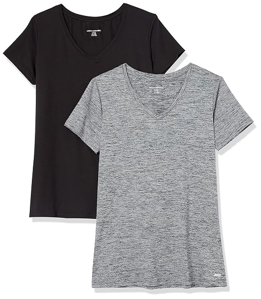 Amazon Essentials T-Shirt Tecnica Scollo V Elasticizzata Asciugatura Rapida (Anche in Taglie Forti) Donna, Pacco da 2, Grigio Scuro Tintura Policromatica/Nero, XS