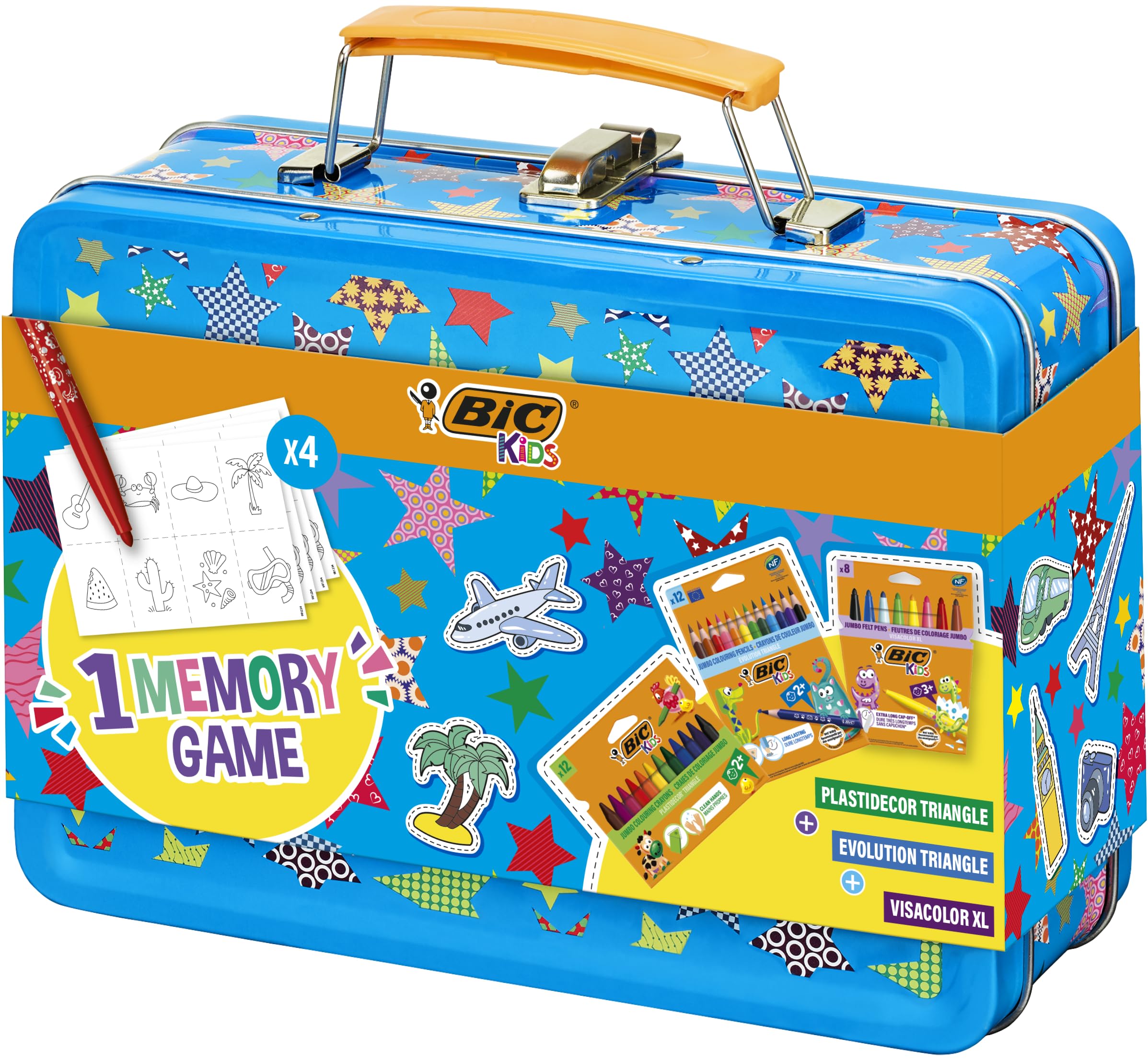 BIC Kids Memory Game Travel Case, Travel Case for Children Educational, Set of Pencils, Crayons and Colored Markers, Includes 32-Piece Memory Set
