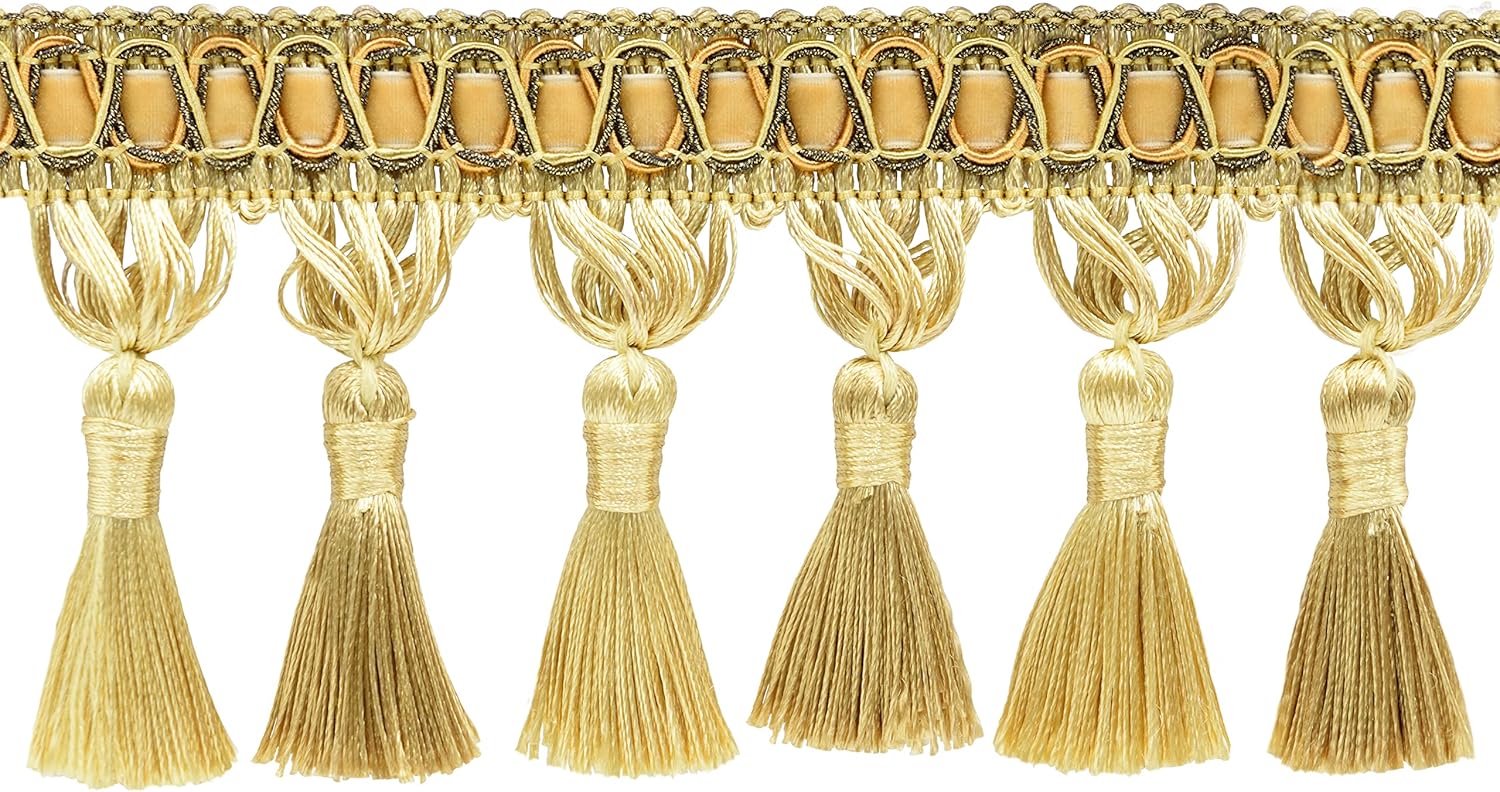 DÉCOPRO 4" (10cm) Noblesse Scroll and Ribbon Gimp with Silky Tassel | Fringe Trim (TFH4-PY) Rust Medley Multicolor #07H (Rust Gold Olive) 14 Yards (42 ft/12.5m)