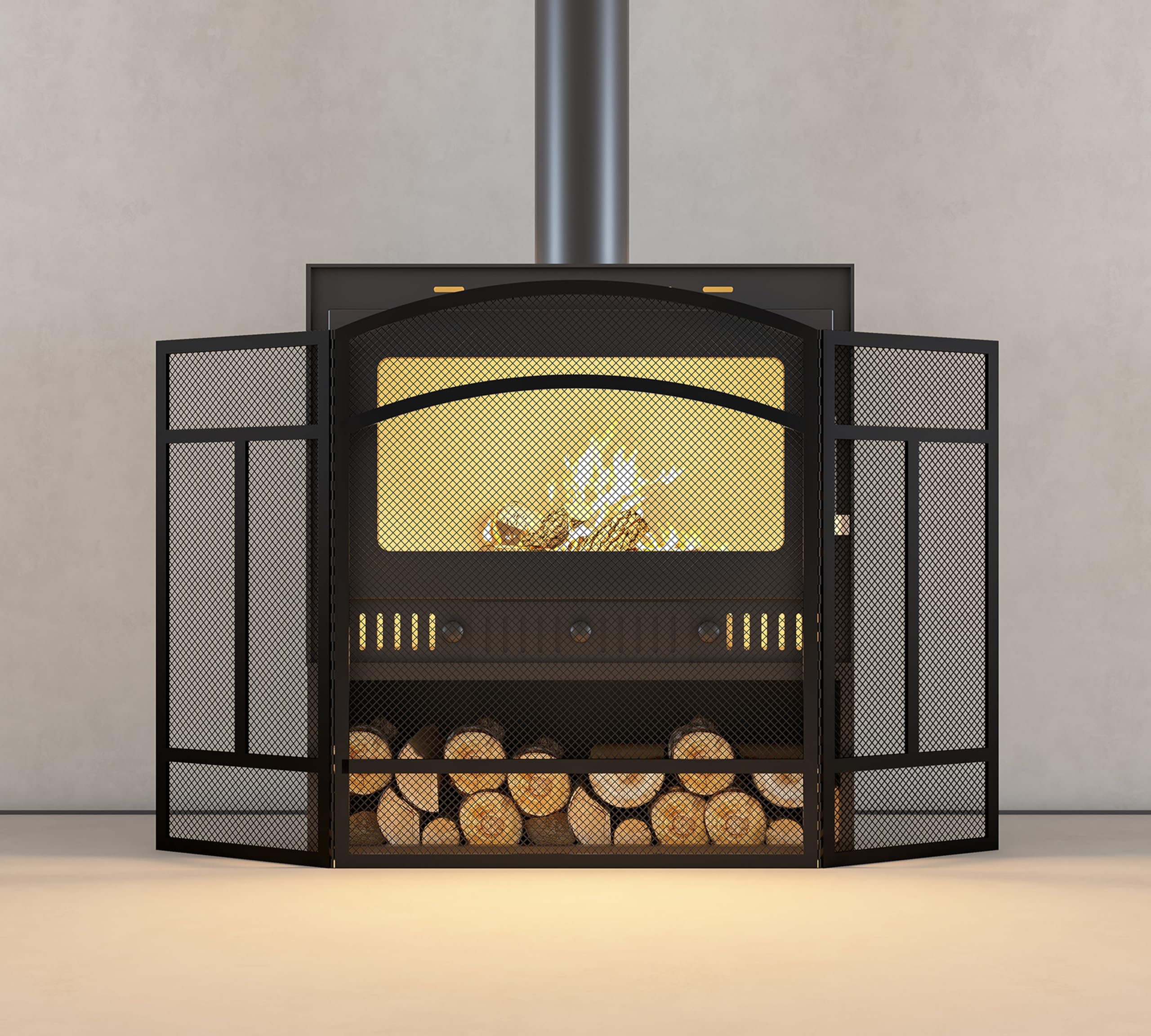 Pare-étincelles 3 panneaux 96,5 cm x 61 cm écran cheminée sans couture revêtement poudre noire