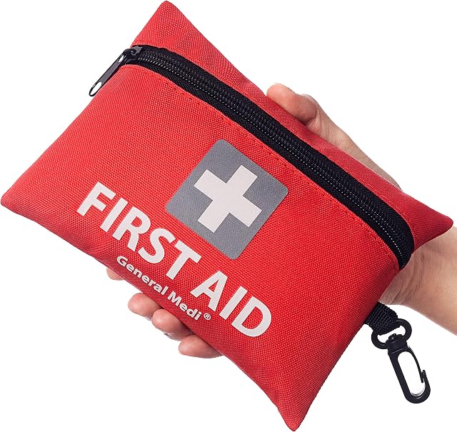 Mini First Aid Kit, 92 Pieces Small First Aid Kit - Includes Emergency Foil Blanket, Scissors for Travel, Home, Office, Vehicle, Camping, Workplace & Outdoor (Red)