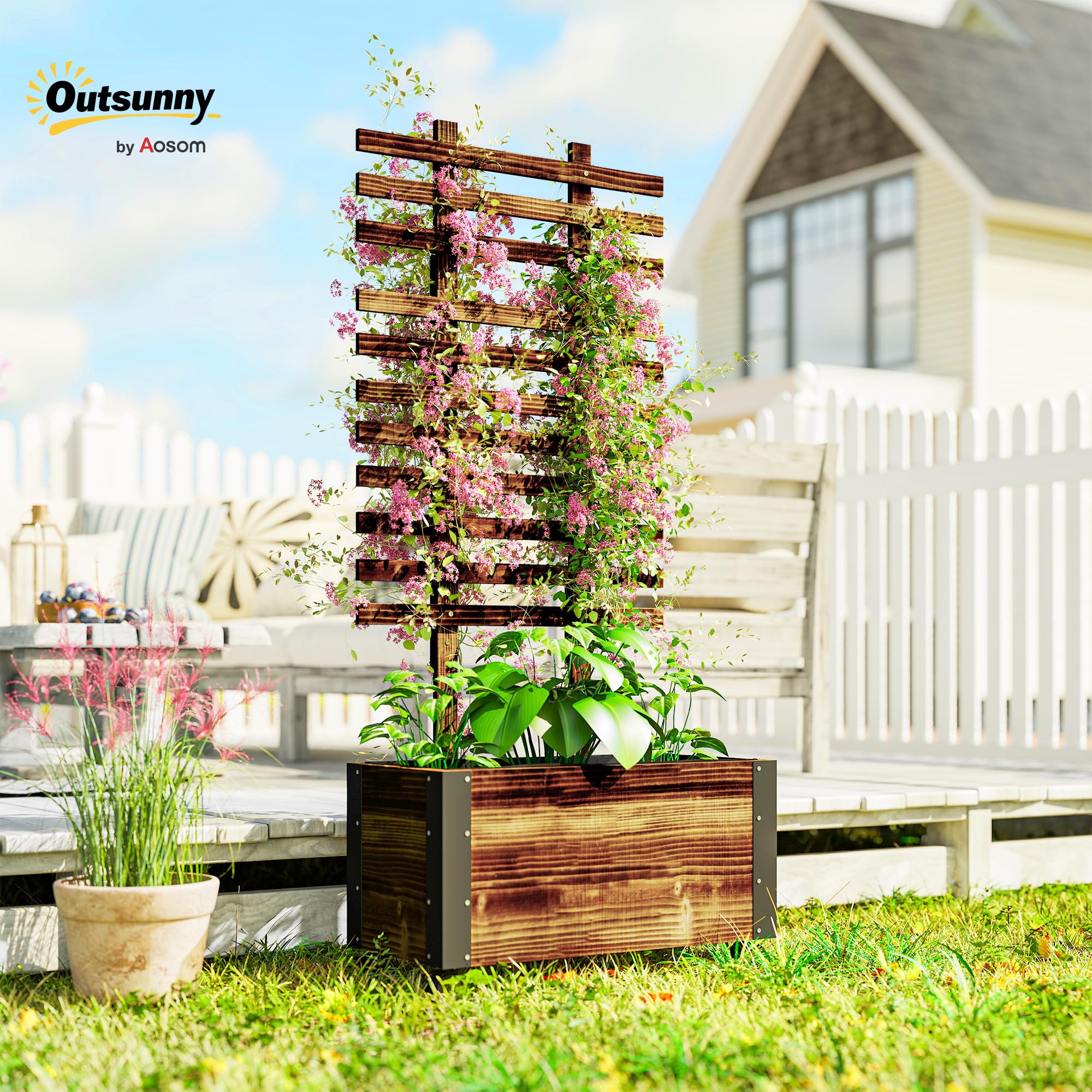 Outsunny Fioriera con Traliccio per Rampicanti e Rotelle, Fioriera in Legno di Abete con Design Autodrenante, 65x31x147 cm, Marrone Carbonizzato