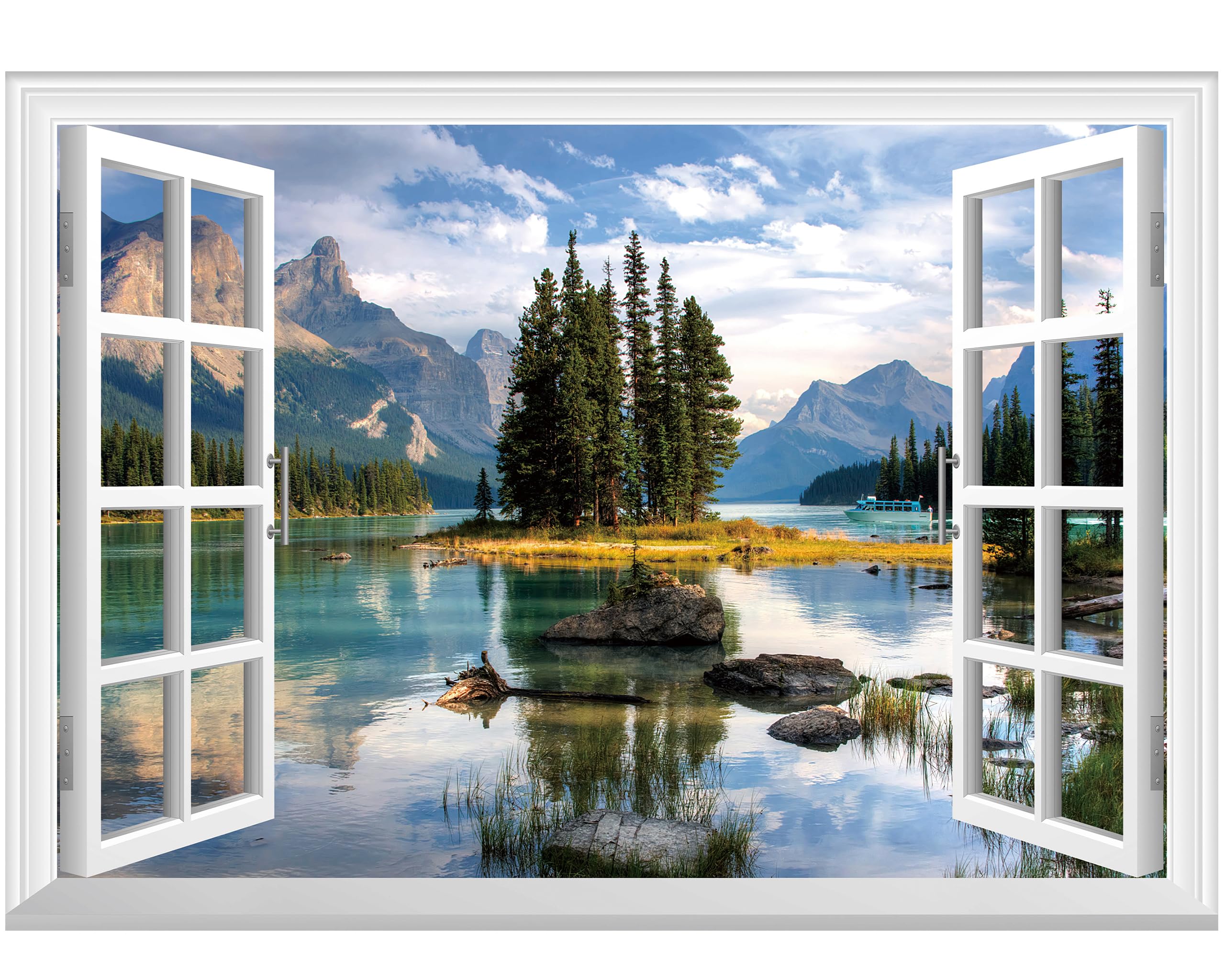 FLFK Fake Window Wall Mural - Trees in The Lake Faux Window Wall Decal for Wall Decor, Peel and Stick Wall Sticker,80"x60",Split into 5 Pieces โ image 1