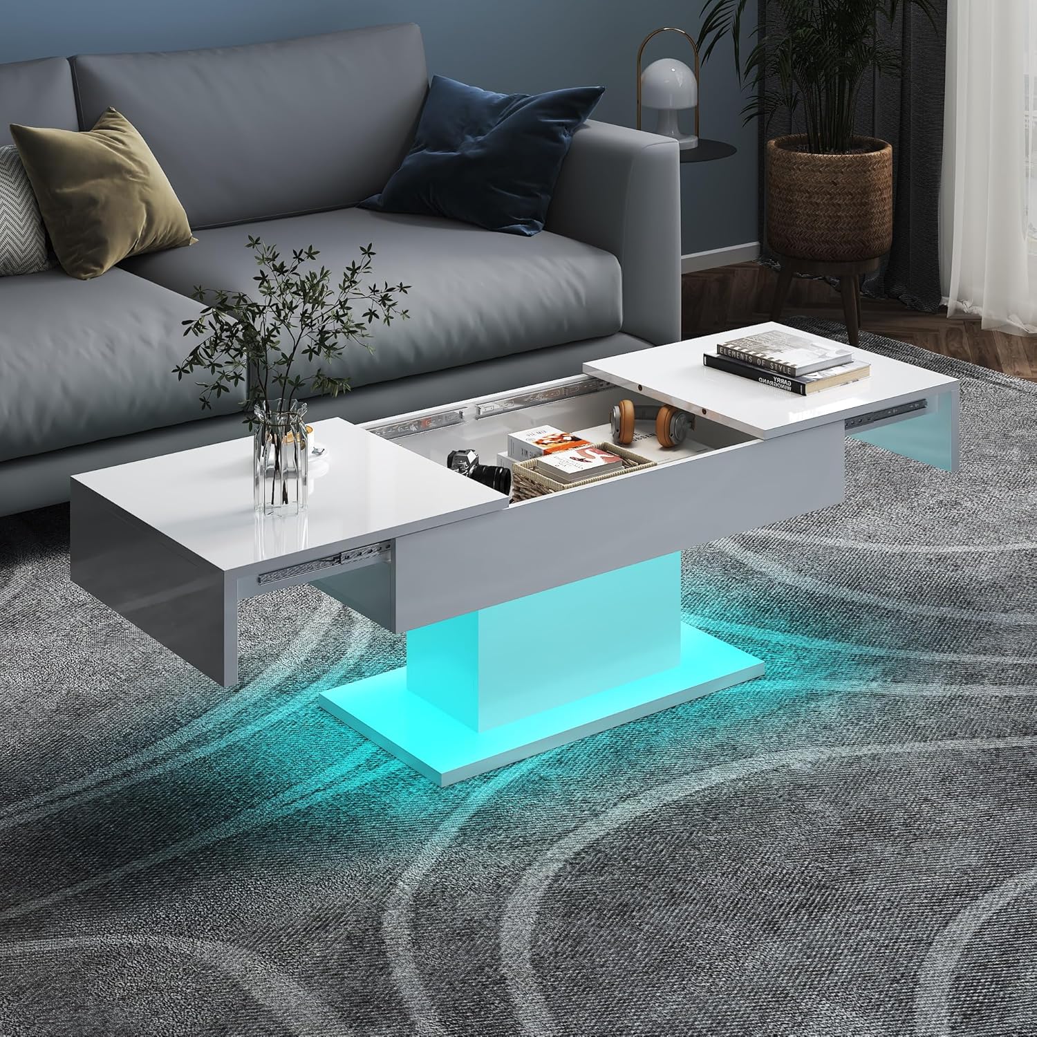 White LED Coffee Table with Storage for Living Room, Living Room Table Rectangular Center Table, Modern High Glossy Wooden Coffee Tables with 16 Colors LED Lights for Dining Reception Room