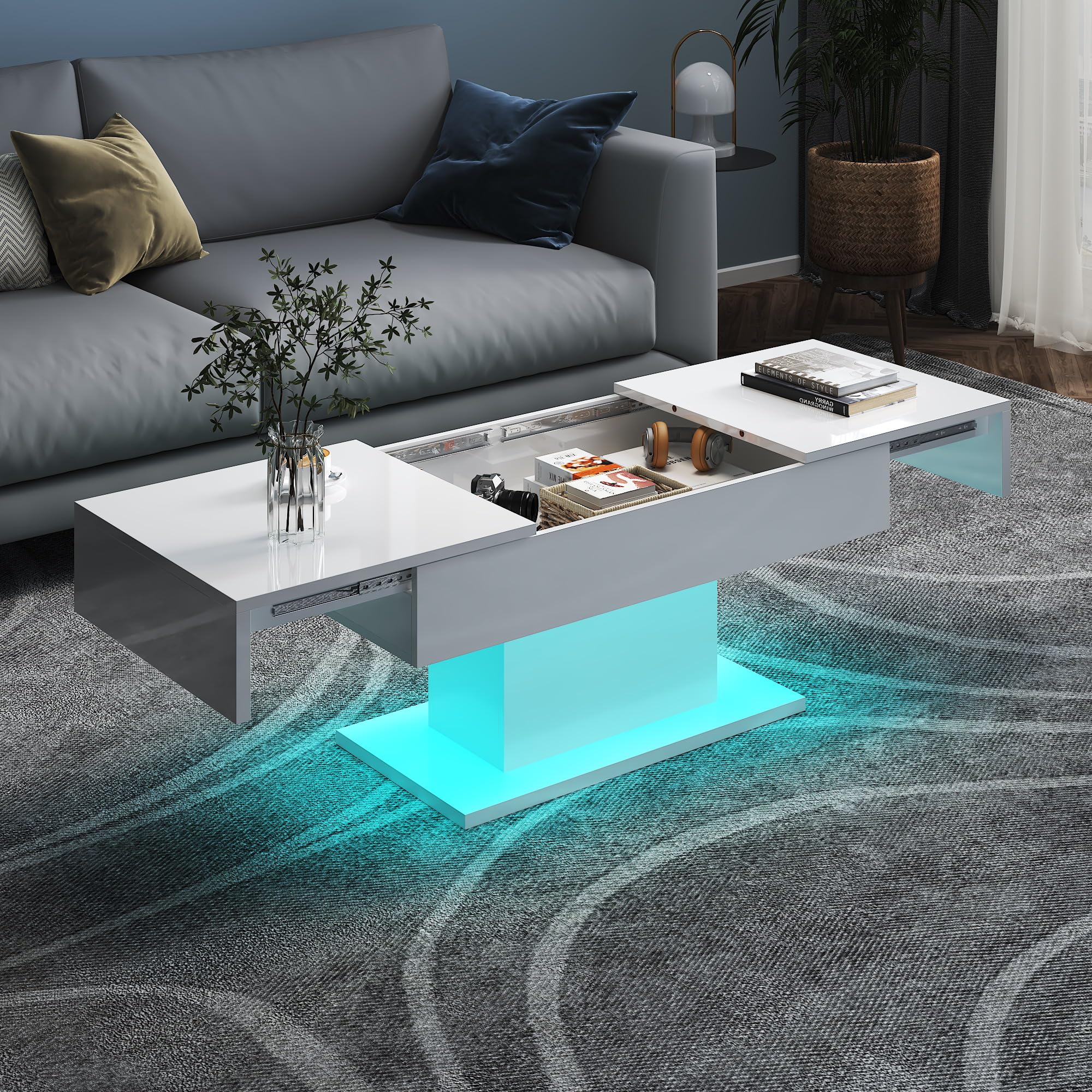 KEEPREAPER White Coffee Table with Storage | High-Gloss Modern Wooden Coffee Table, Sliding Top with Hidden Storage Drawers & 16-Color LED Lighting | Space-Saving Design for Living Room