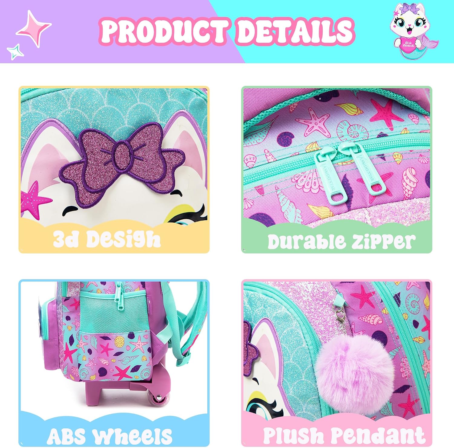 Cute Cat Rolling Backpack with Wheels for Elementary Preschool Students Kids Travel Luggage Carry on Backpack for Girls Ages 6-8