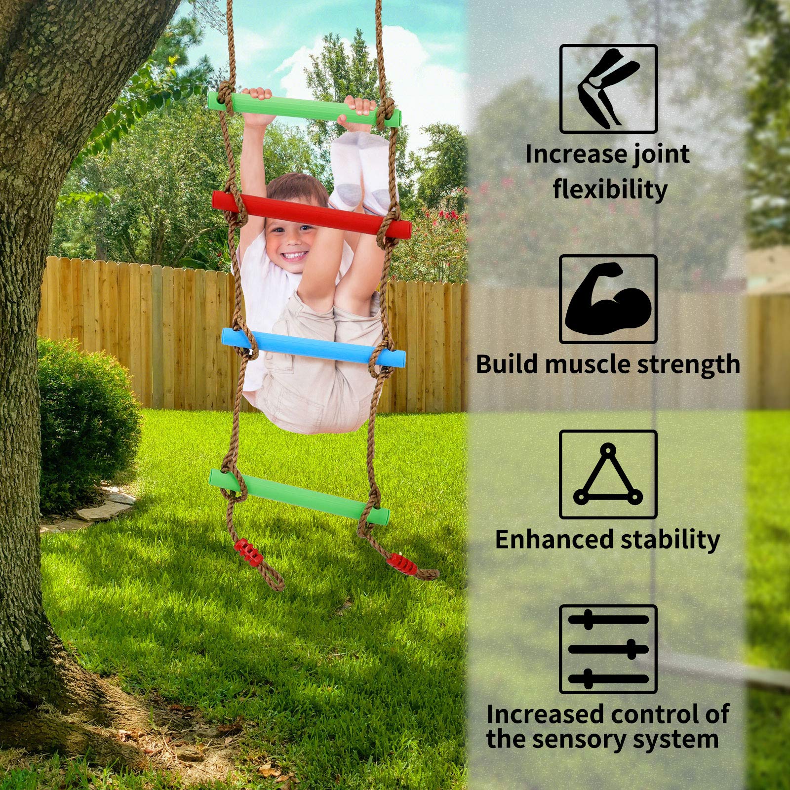 7FT Colorful Camping Rope Ladder for Kids - Hanging Climbing Ladder for Swing Set, Playground, Tree House, Ninjaline, Indoor & Outdoor Play Set - Image 3