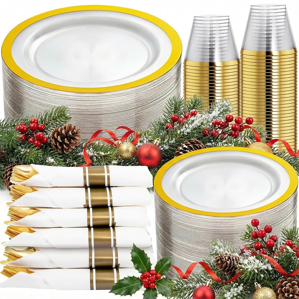 I00000 350 Pcs Clear and Gold Plastic Plates, Gold Disposable Plates, Include 50 Dinner Plates 10.25\'\', 50 Dessert Plates 7.5\'\', 50 Cups 9 OZ, 50 Pre Rolled Napkins with Cutlery