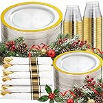 I00000 350 Pcs Clear and Gold Plastic Plates, Gold Disposable Plates, Include 50 Dinner Plates 10.25\'\', 50 Dessert Plates 7.5\'\', 50 Cups 9 OZ, 50 Pre Rolled Napkins with Cutlery