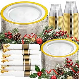 I00000 350 Pcs Clear and Gold Plastic Plates, Gold Disposable Plates, Include 50 Dinner Plates 10.25\'\', 50 Dessert Plates 7.5\'\', 50 Cups 9 OZ, 50 Pre Rolled Napkins with Cutlery