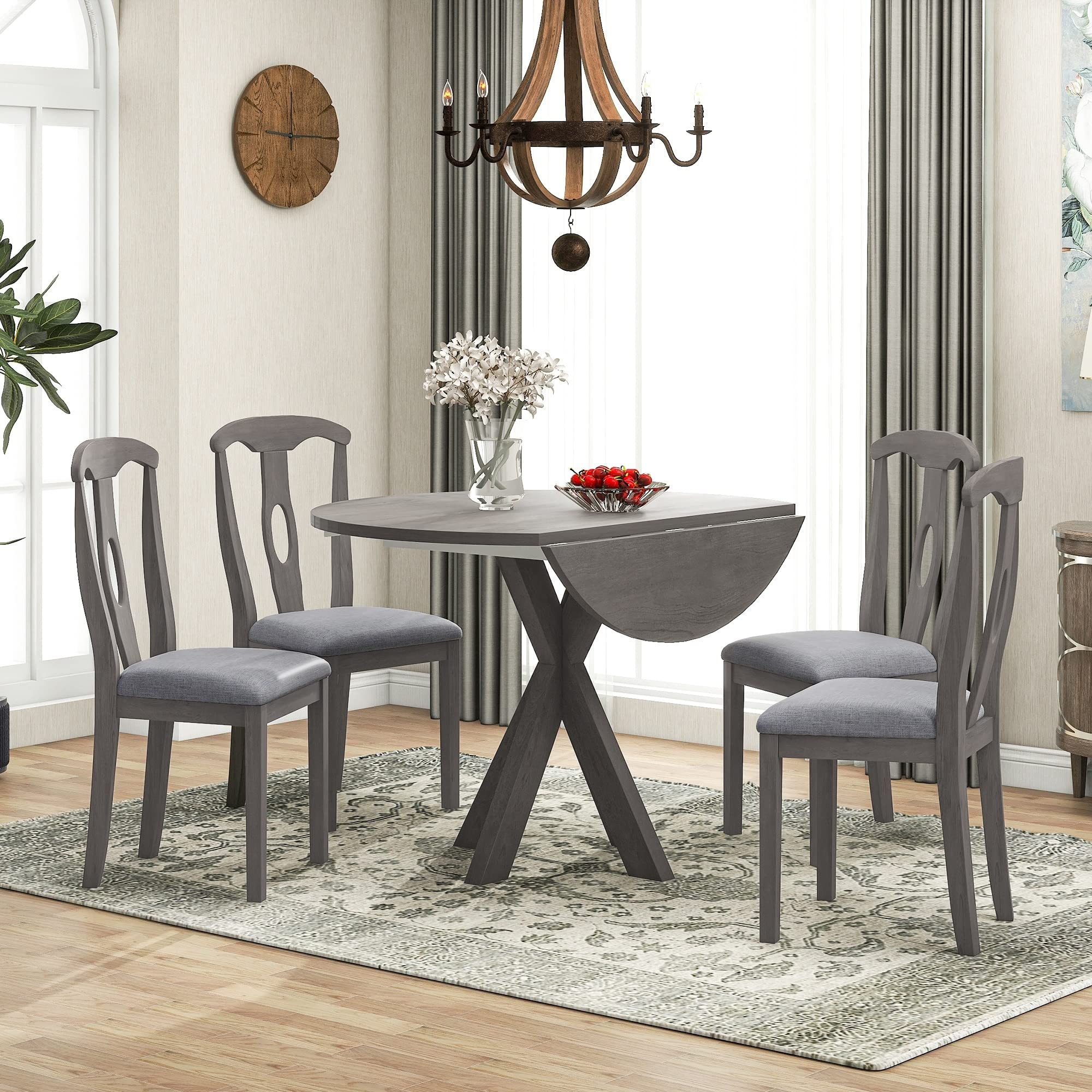 5 Piece Wood Round Dining Table Set for 4 with Drop Leaf and Padded Chairs Grey Finish