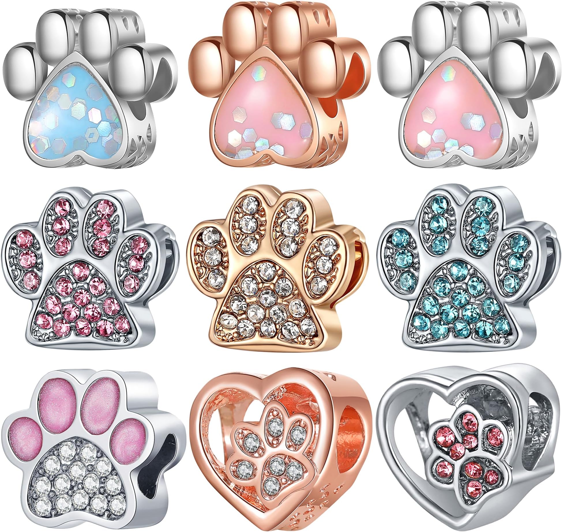 9 Pack Silver Spacer Beads Charms fit Pandora Bracelet CZ Pendant Set