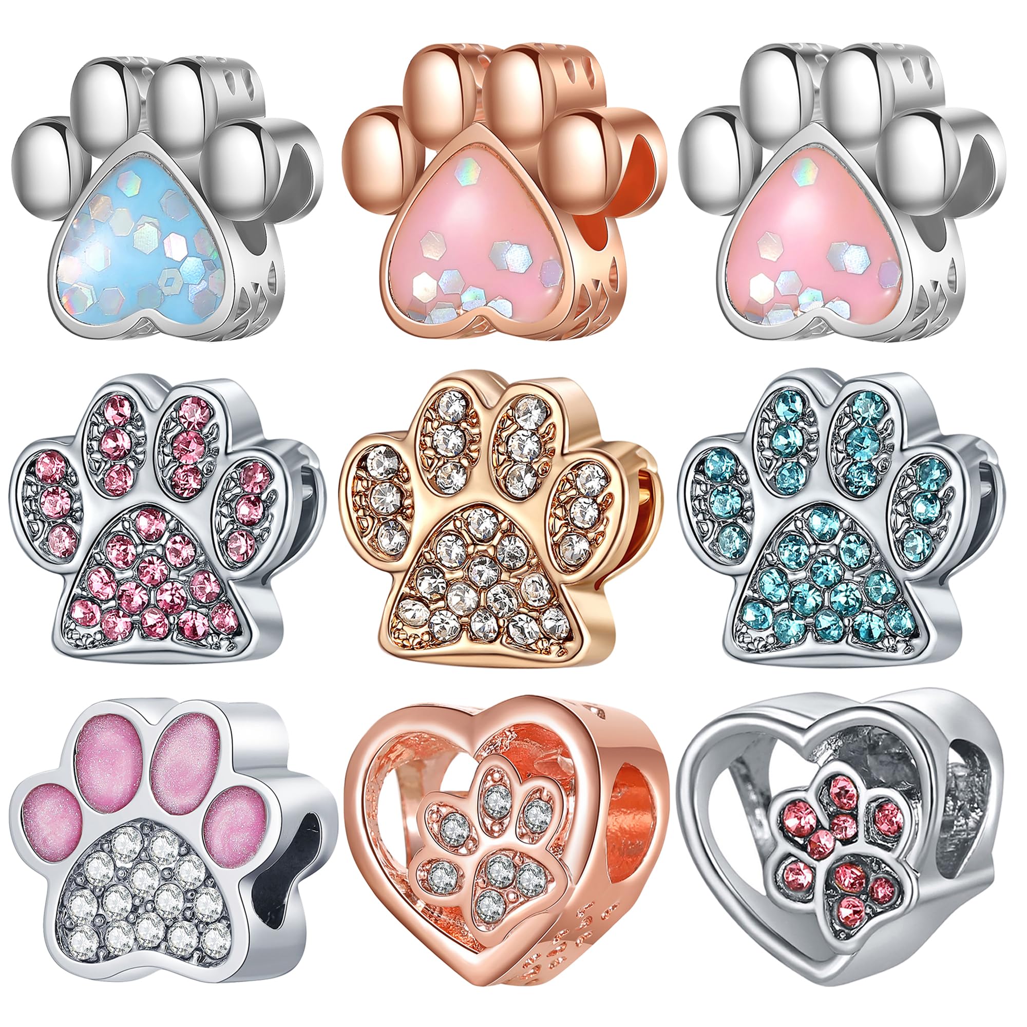 9 Pack Plated Silver Spacer Beads Charms fit Bracelet Dangle Set