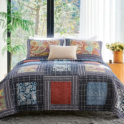 Secgo Queen Size Quilts - 100% Cotton Bedding Set (228x228cm) with 2 Pillowcases, Patchwork Reversible Lightweight Bedspread, Quilted Bedspread Fits All Season