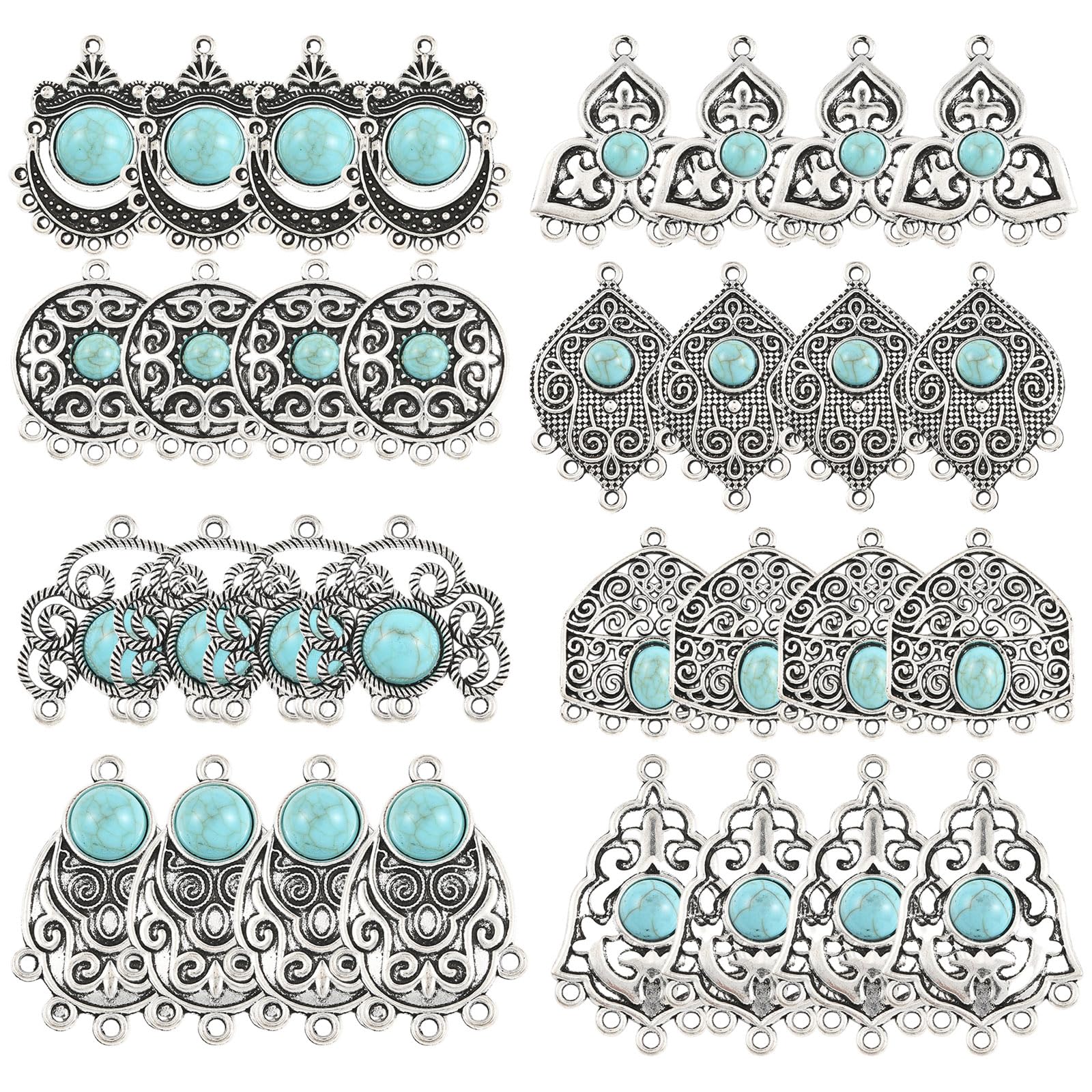 COGCHARGER 32Pcs Turquoise Connector Charms for Jewellery Making Assorted Vintage Metal Charms Tibetan Alloy Synthetic Turquoise Pendants for Bracelet Necklace Earrings DIY Crafts Making