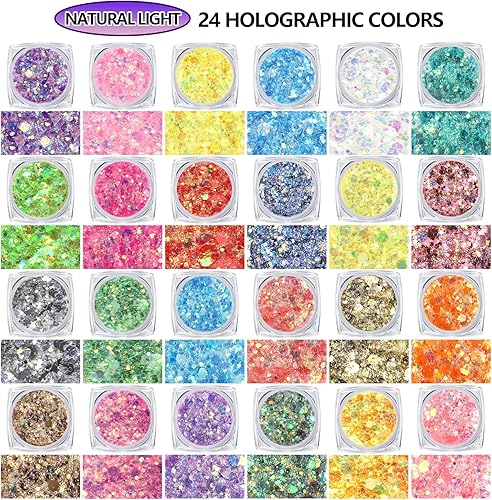 Teenitor 24 Colors Glow in The Dark Body Glitter Face Glitter Gel for Halloween, Hair Glitter for Kids Rave Accessories, Chunky Glitter Face Glitter for Women Makeup in Festivals Party