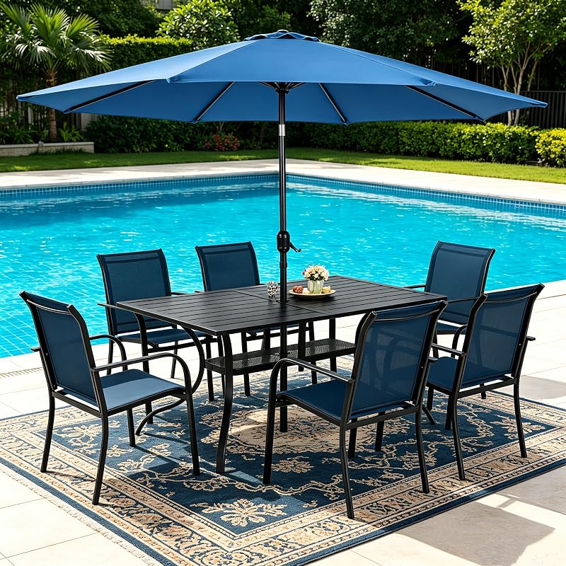 SUNCROWN Juego de comedor para exteriores de 8 piezas, juego de muebles de patio con 6 sillas de comedor de textileno, 1 mesa rectangular de metal y 1 sombrilla de patio azul oscuro de 9 pies para césped, jardín, terraza, azul