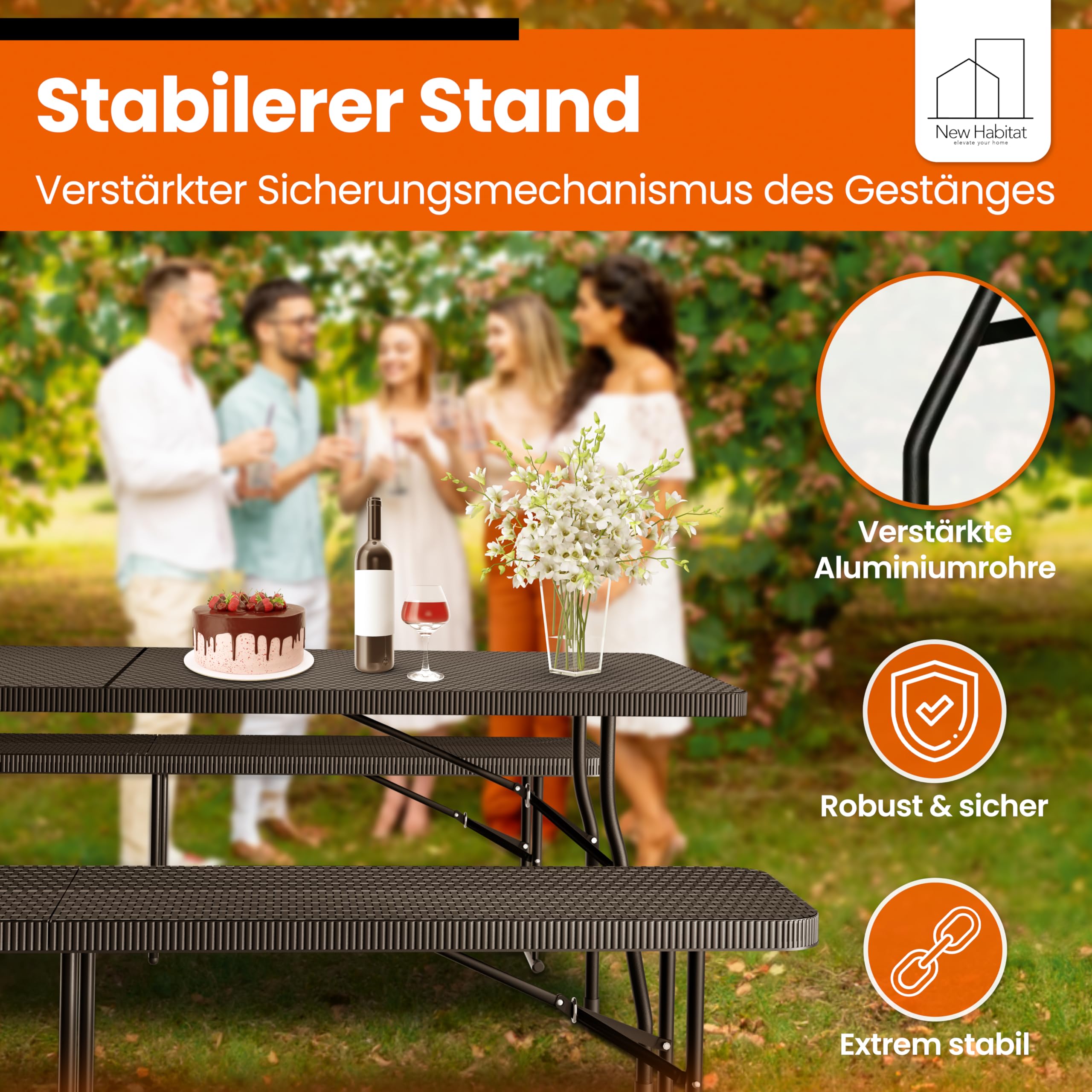 NewHabitat Kunststoff Bierzeltgarnitur Klappbar I 3er Set, Tisch + 2 x Bank mit Tragegriffe, Biertischgarnitur, Festzeltgarnitur, Bierbank klappbar, HxBxT: 75x180x75 cm (Schwarz)