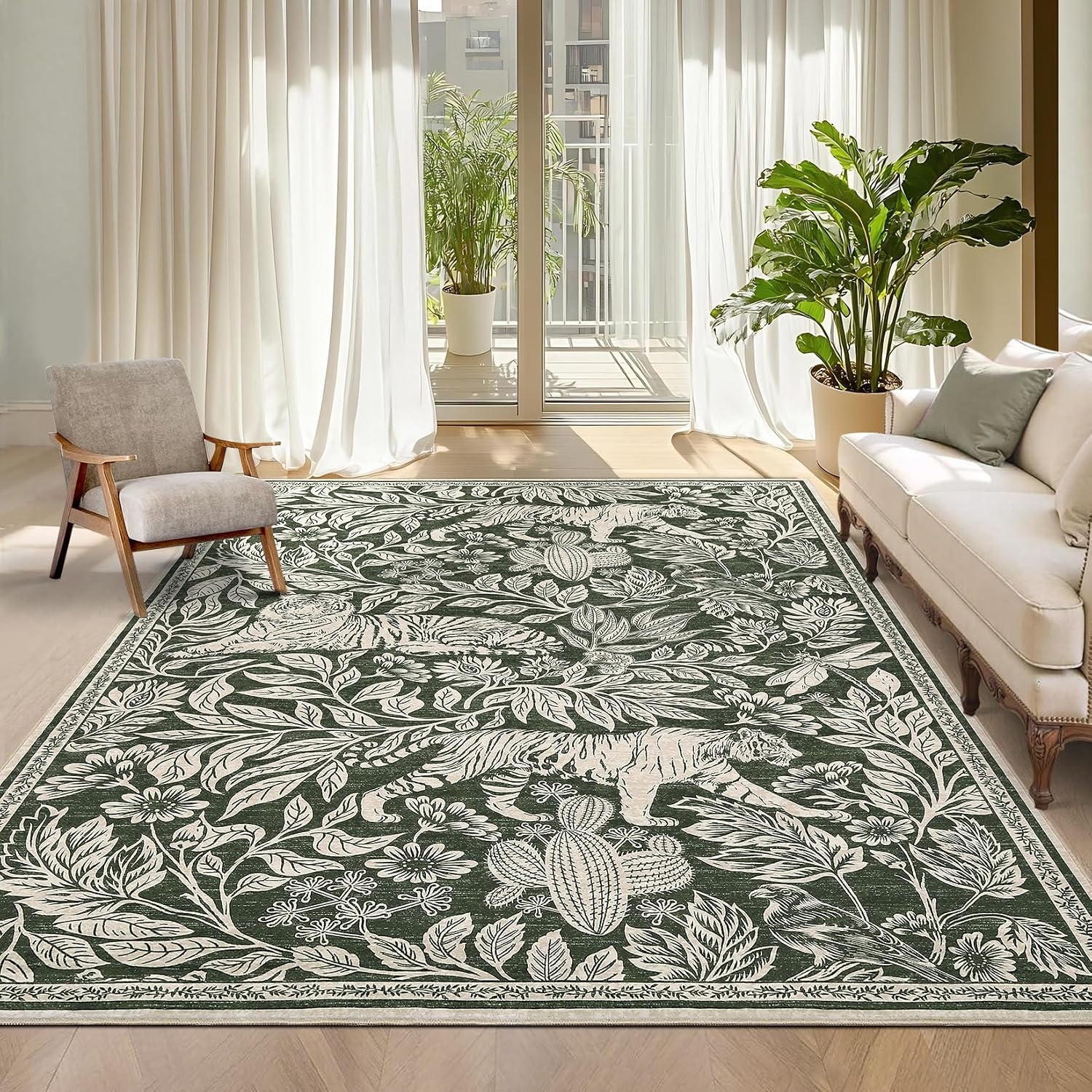 Garvee Tiger 5x7 Area Rug Washable Modern Living Room Rugs Non Slip Green Rugs for Bedroom Ultra Thin Vintage Throw Carpet Retro Accent Floor Cover Indoor Contemporary Mat for Dining Room Home Office