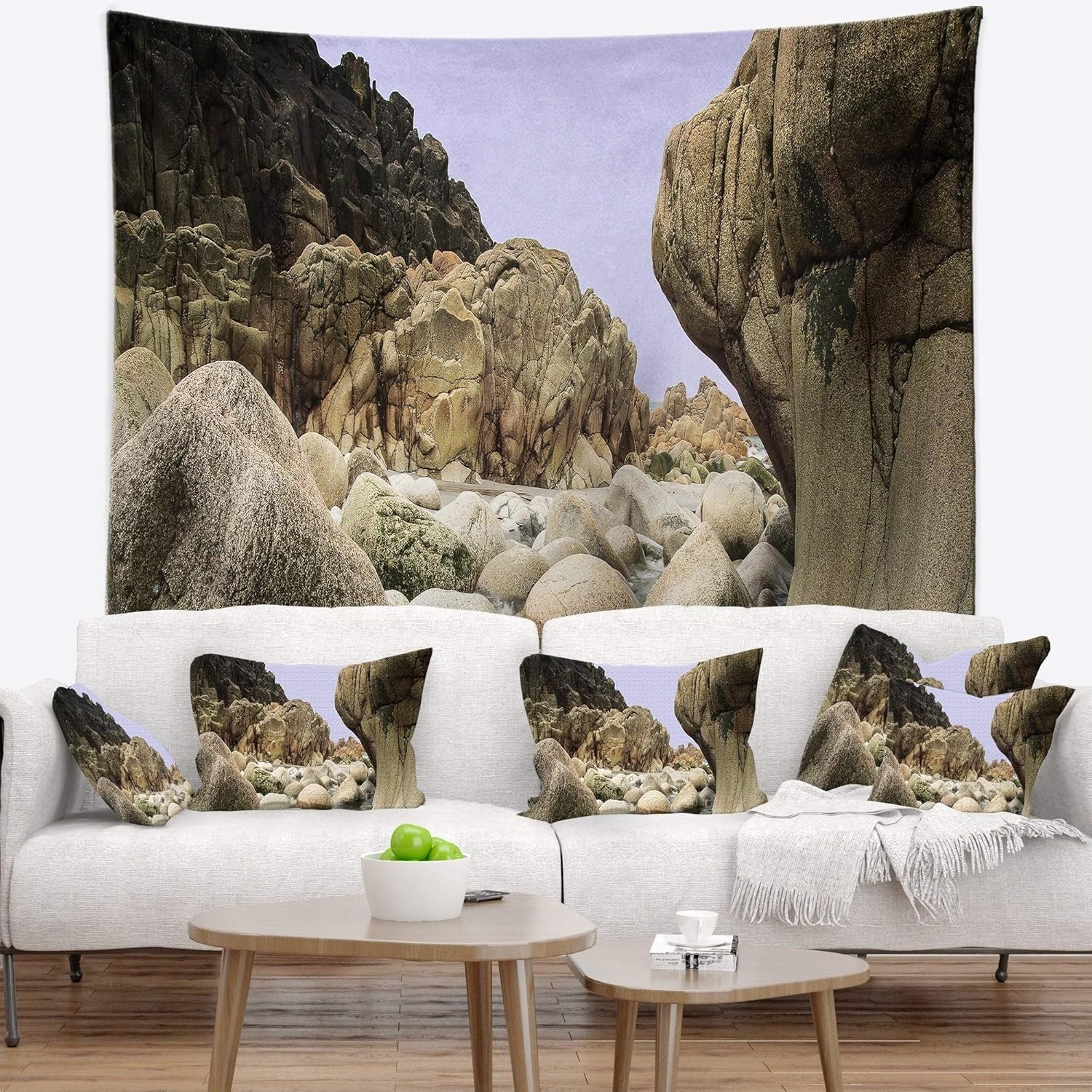 Designart ' Smooth Rocks in Coastline Panorama' Landscape Tapestry Blanket Décor Wall Art for Home and Office, Created on Lightweight Polyester Fabric x Large: 92 in. x 78 in