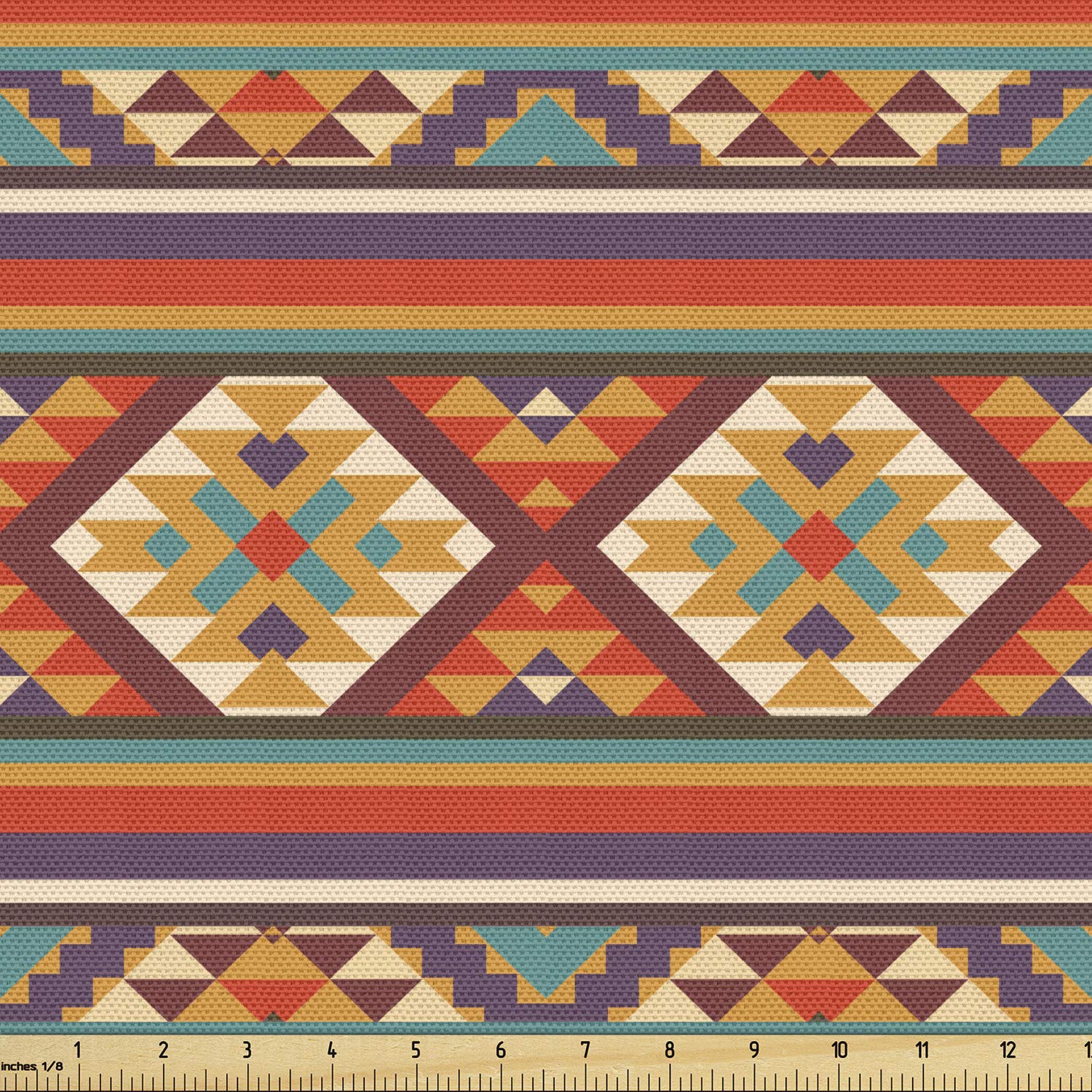 Ambesonne Colorful Fabric by The Yard, Mosaic Inspired Horizontal Lines with Graphic Design, Decorative Fabric for Upholstery and Home Accents, 2 Yards, Orange Maroon