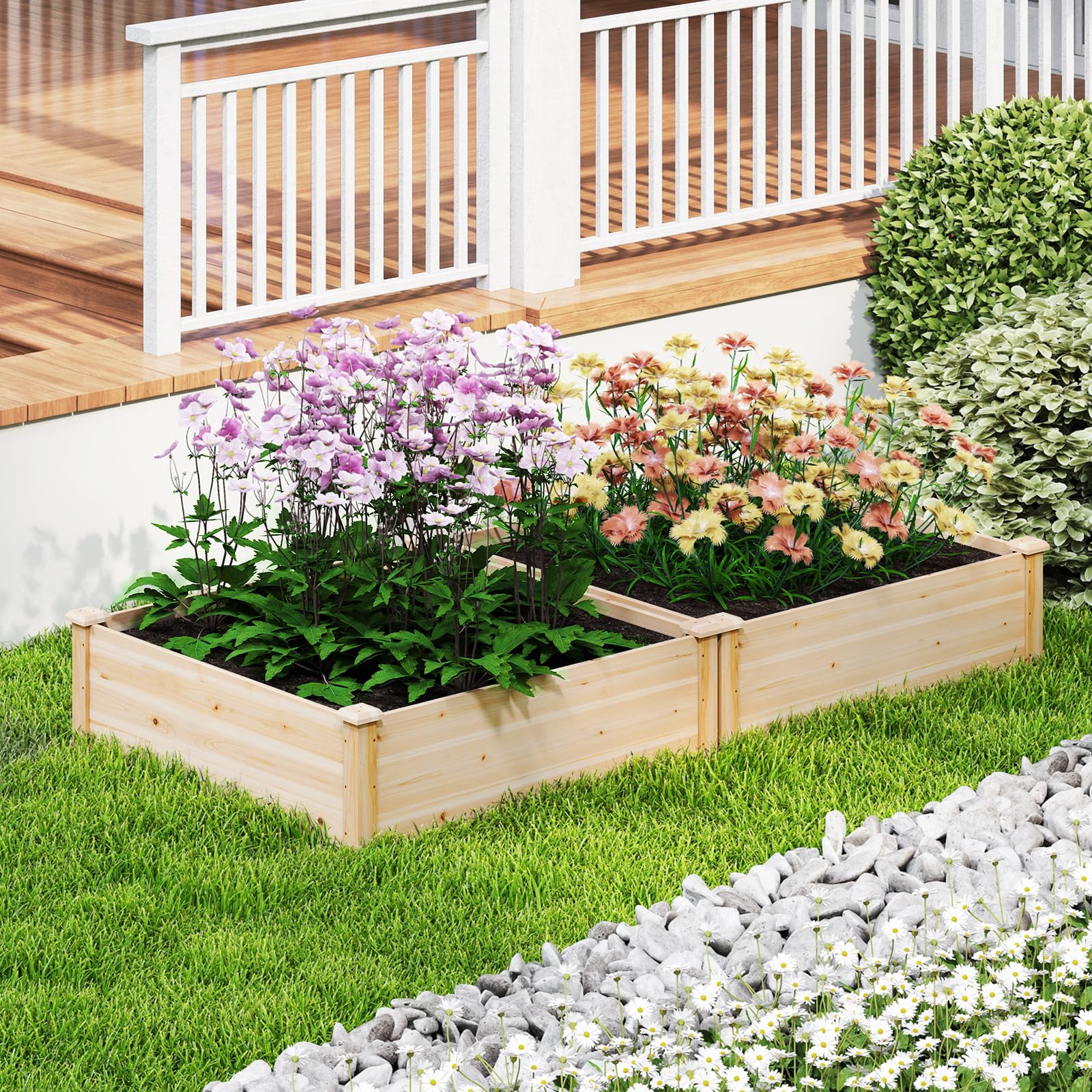 HOMASIS Orto Rialzato da Esterno in Legno di Pino, Vaso per Piante con Fondo Aperto, Fioriera da Giardino per Fiori, Verdure e Erbe da Balcone o Terrazza, Naturale (102 x 102 x 30 cm)